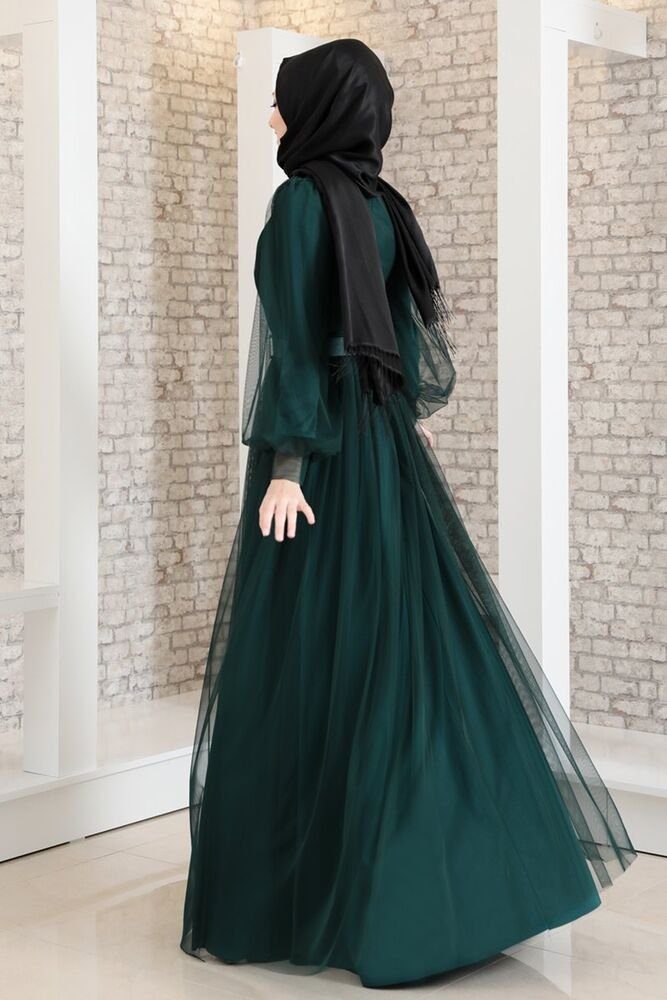 Abendkleid langärmliges Abaya Gürtel Smaragd-Grün Tüllkleid Damen Hijab Abiye mit Modavitrini Kleid Maxikleid