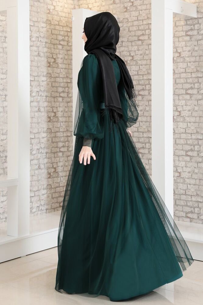 Modavitrini Abendkleid Damen Tüllkleid Abaya Gürtel Kleid Abiye langärmliges mit Maxikleid Smaragd-Grün Hijab