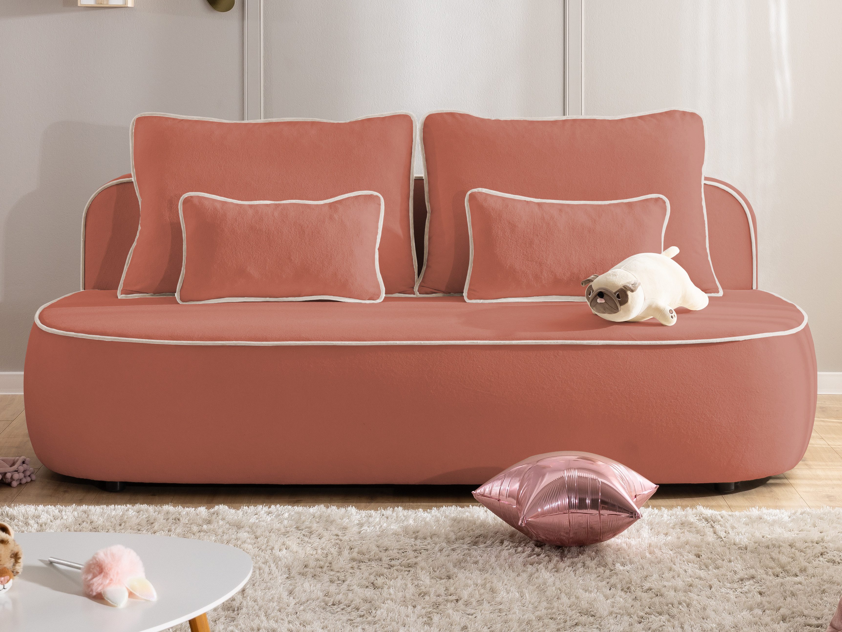 S-Style Möbel Kindersofa Vero mit Schlaffunktion, Bettkasten und Kontrastpaspel aus Plüschstoff, im modernen und abgerundeten Design