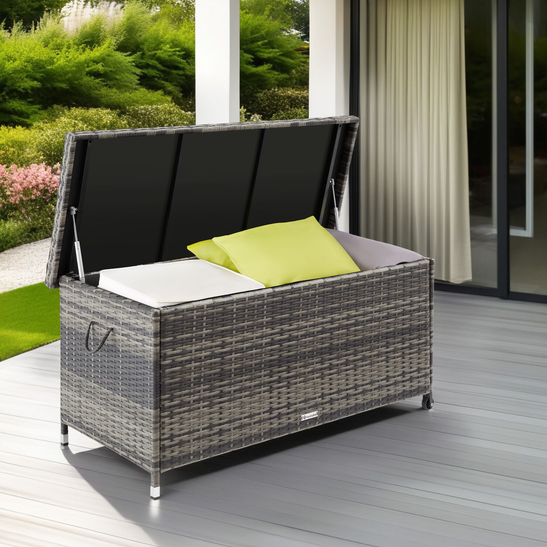 tectake Gartenbox Aluminium Auflagenbox mit Rattangeflecht, 121 x 56 x 60 cm (Kissenbox Kiruna, in grau, 270 L), UV-beständig, 2 Rollen, mit Reißverschluss und Zahlenschloss