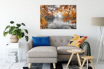 Pixxprint Leinwandbild Herbstbäume um See bei Sonnenuntergang B&W Detail, Herbstbäume um See bei Sonnenuntergang B&W Detail (1 St), Leinwandbild fertig bespannt, inkl. Zackenaufhänger