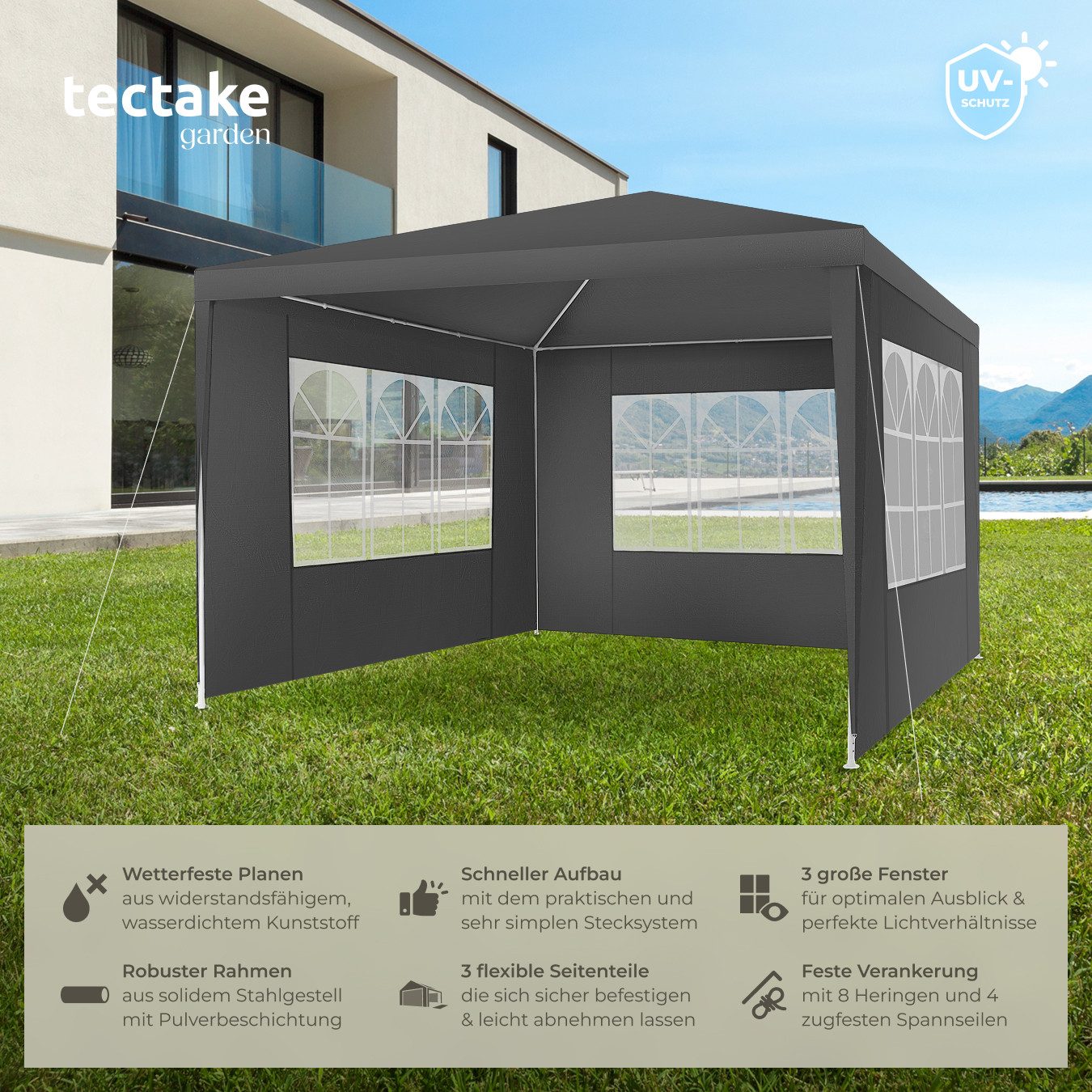 tectake Pavillon Partyzelt Barinas mit 3 Seitenteilen, wasserdicht, 3x3m, m günstig online kaufen