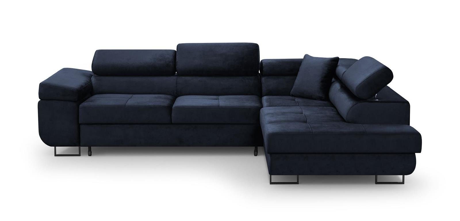 Schlaffunktion, Kopfstützen, inklusive mit 79) Schlafecke Wohnzimmer gepolstertes L-förmige mit (monolith L, Ecksofa für Marineblau Beautysofa Waldo Bettkasten, verstellbaren Ecke Wellenfedern,