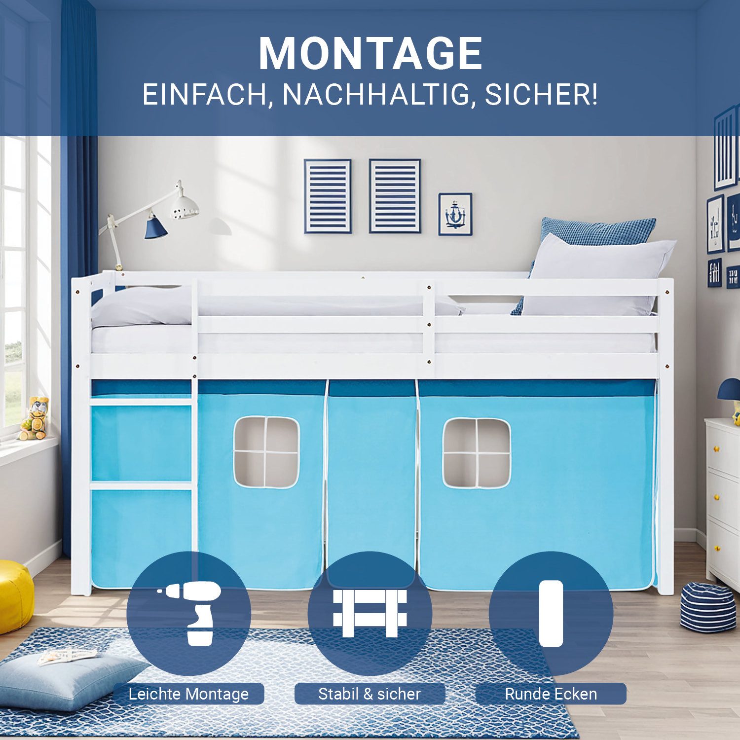 Homestyle4u Hochbett mit Rutsche 90x200 Kinderbett Jungen Kiefer Weiß Blau Treppe Vorhang mit Rausfallschutz, Blau, Junge