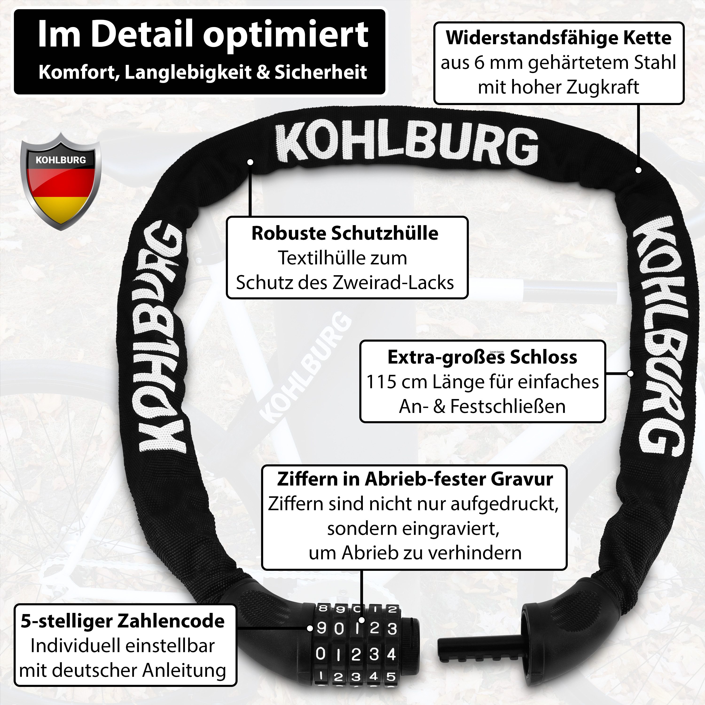 KOHLBURG Zahlenkettenschloss [115cm lang & 6mm stark] mit Zahlencode, sicheres Fahrradschloss [5-stellige Kombination] für Fahrrad & E-Bike