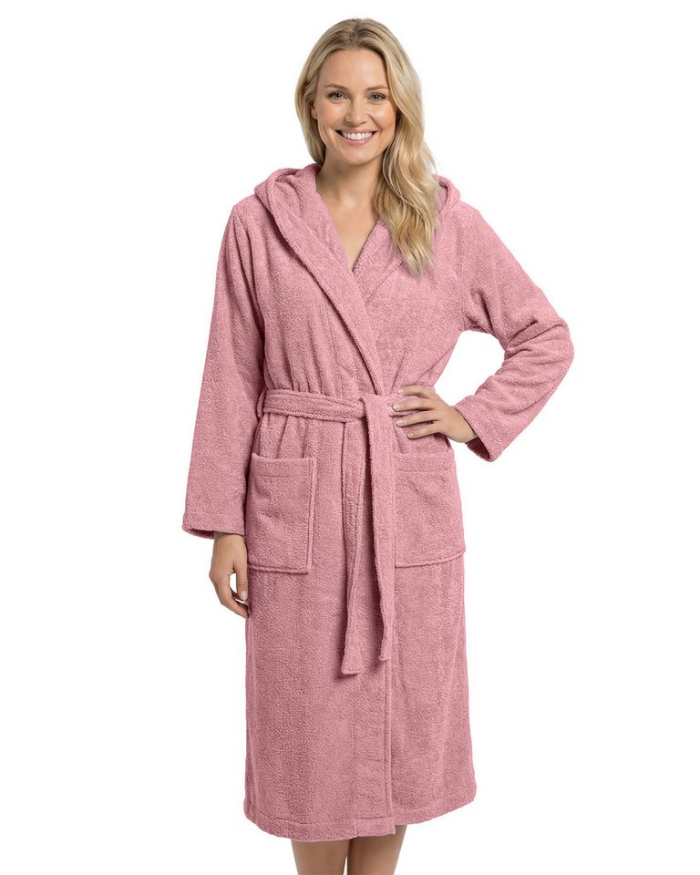 Laynenburg Damenbademantel Bademantel Damen mit Kapuze aus 100% Baumwolle Frottee, mit Gürtel, aufgesetzten Taschen, Waden-lang für Spa, Sauna, S-XXXL