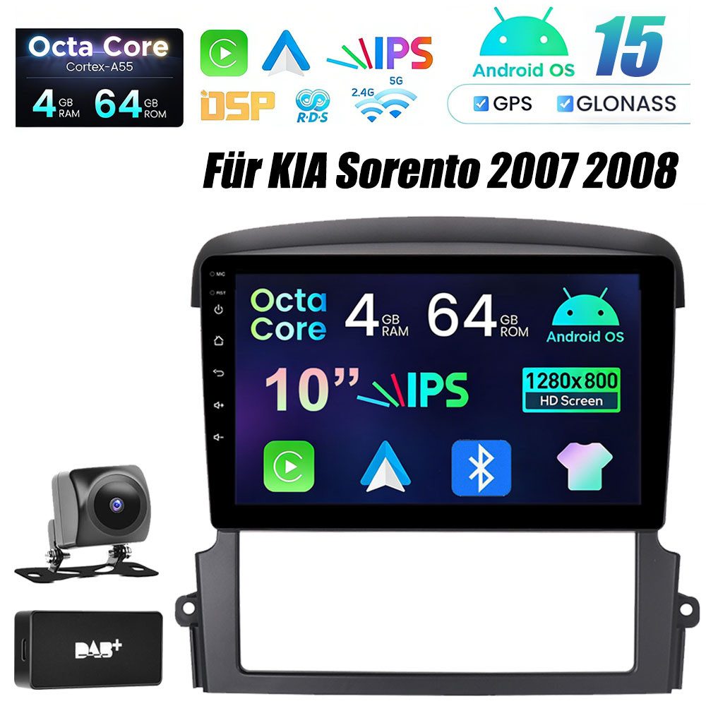 A-Sure 4+64G Android 15 CarPlay GPS Navi BT DSP RDS Für KIA Sorento 2007 2008 Autoradio (Digitalradio (DAB), FM, AM, 1280*800 IPS Screen/8-Core CPU)
