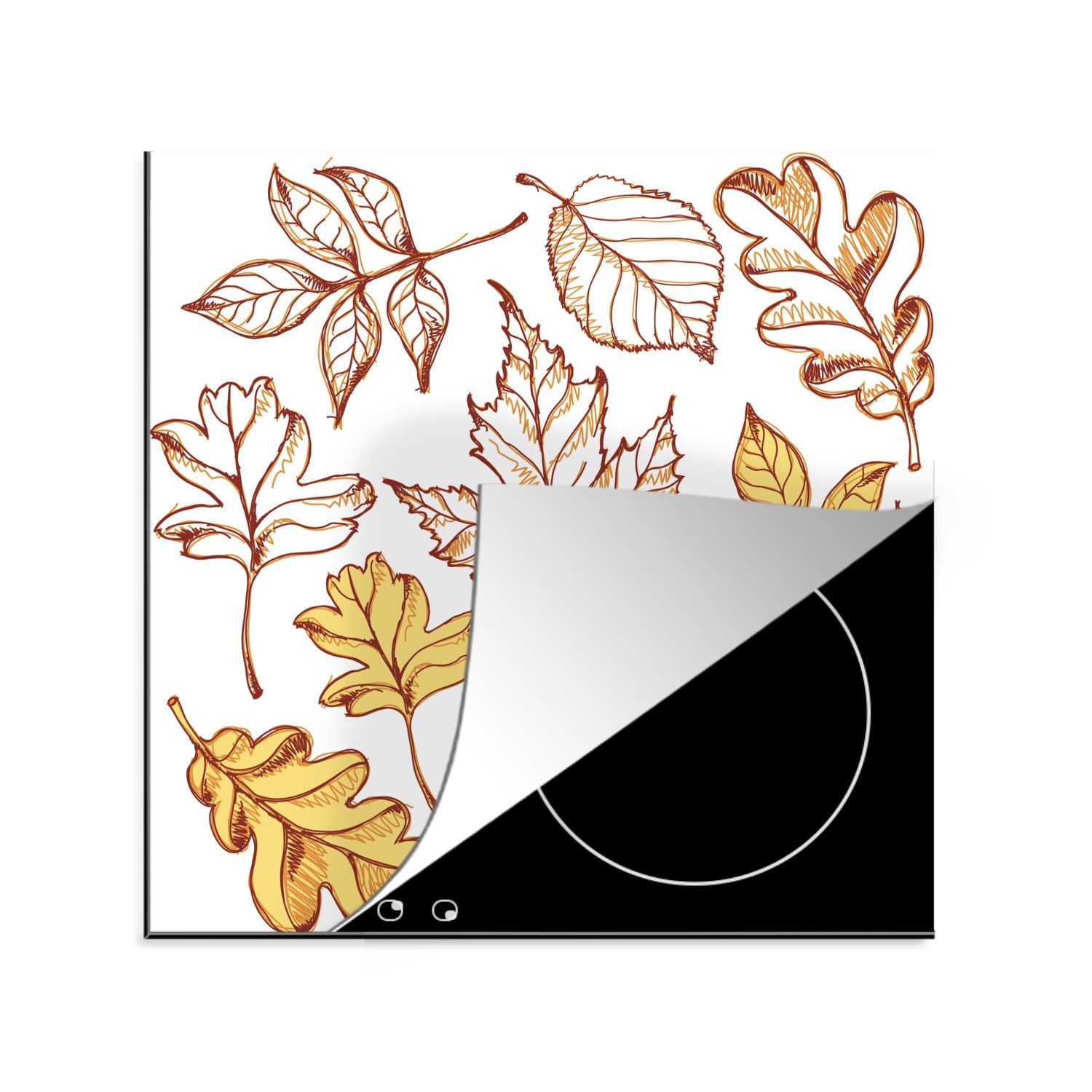 MuchoWow Herdblende-/Abdeckplatte Herbst - Zeichnung - Blätter, Vinyl, (1 tlg), 78x78 cm, Ceranfeldabdeckung, Arbeitsplatte für küche