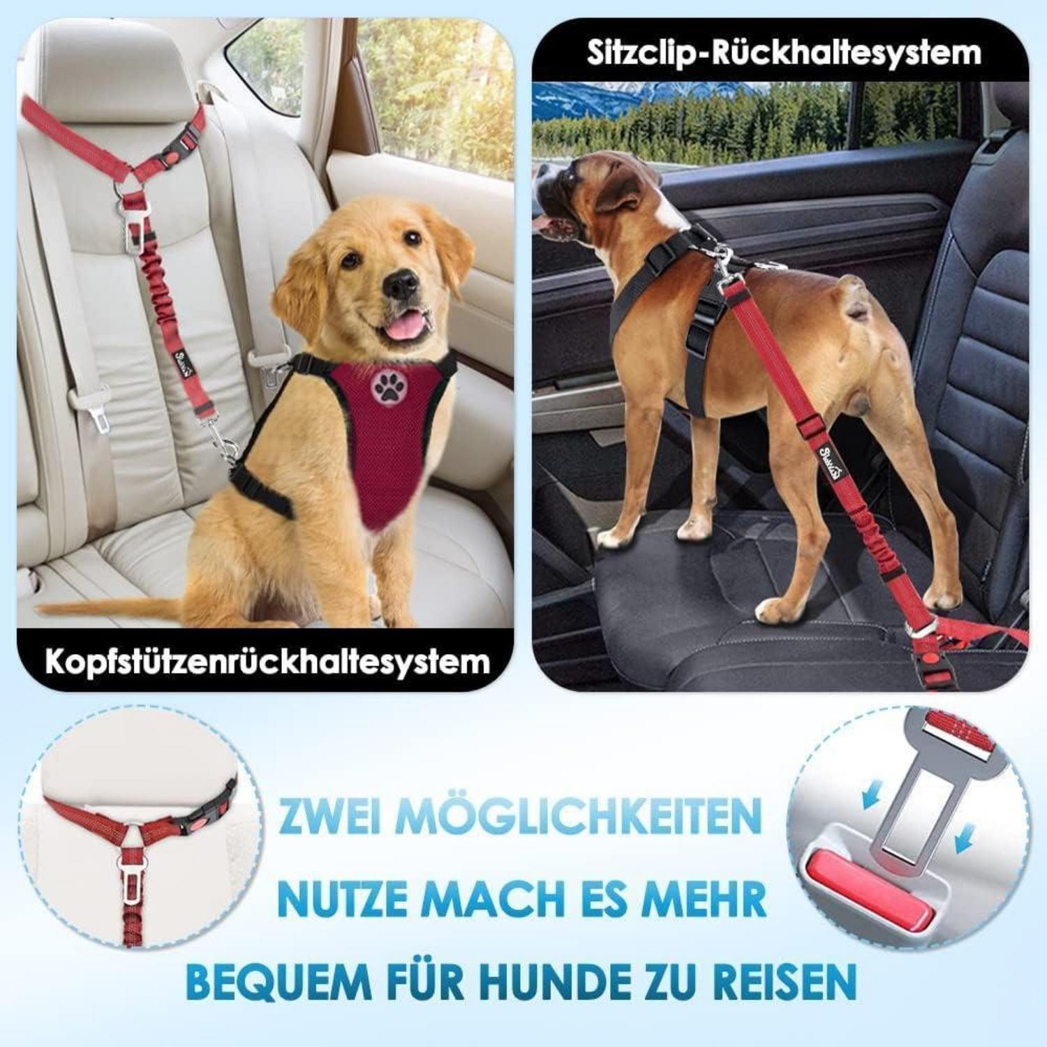 SlowTon Autohundegeschirr Hunde Sicherheitsgurt Auto 2-in-1 Kopfstützen-Rückhalte Anschnallgurt