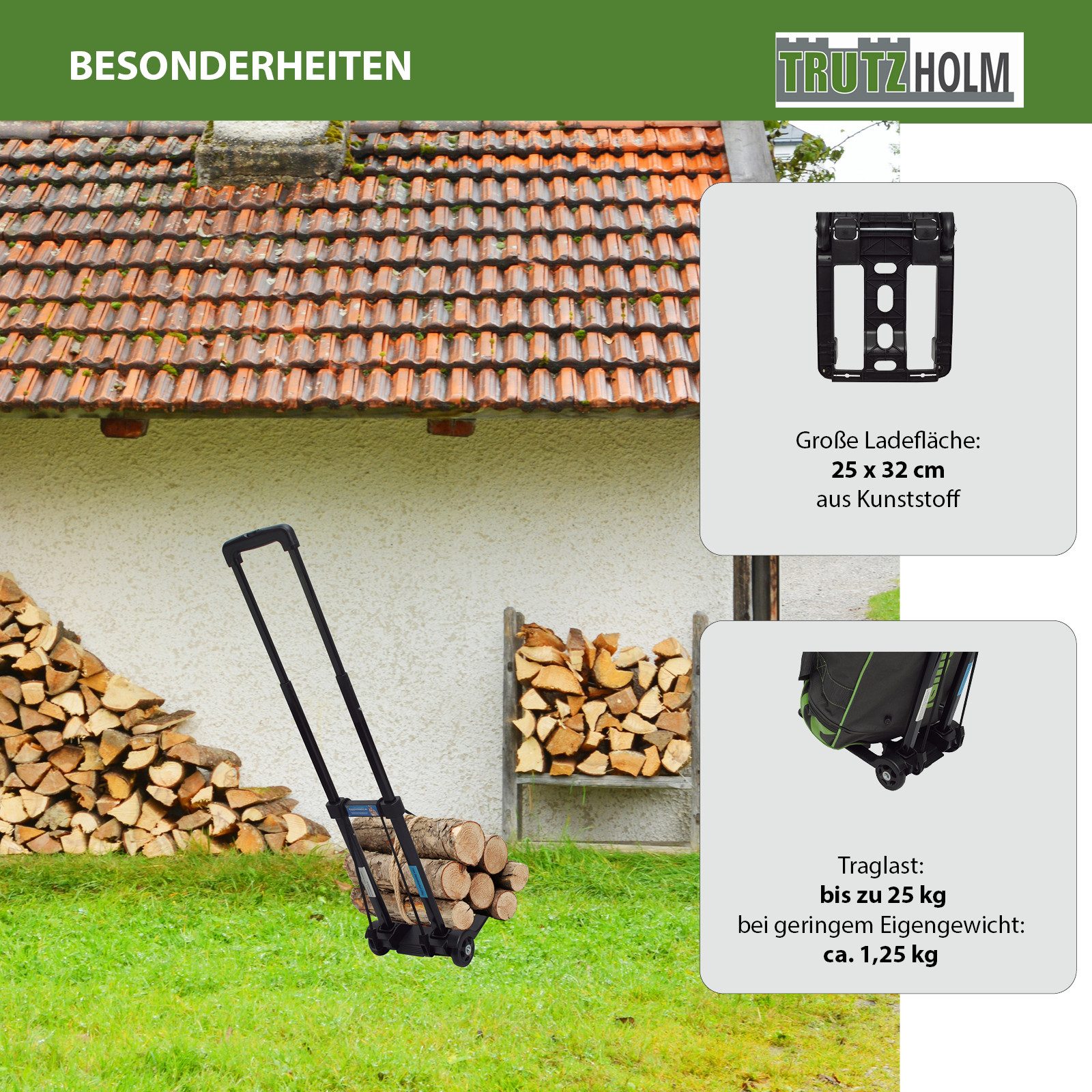 TRUTZHOLM Mini Folding Sack Truck, Suitcase Trolley, 25 kg Luggage Trolley, Height-Adjustable Handle