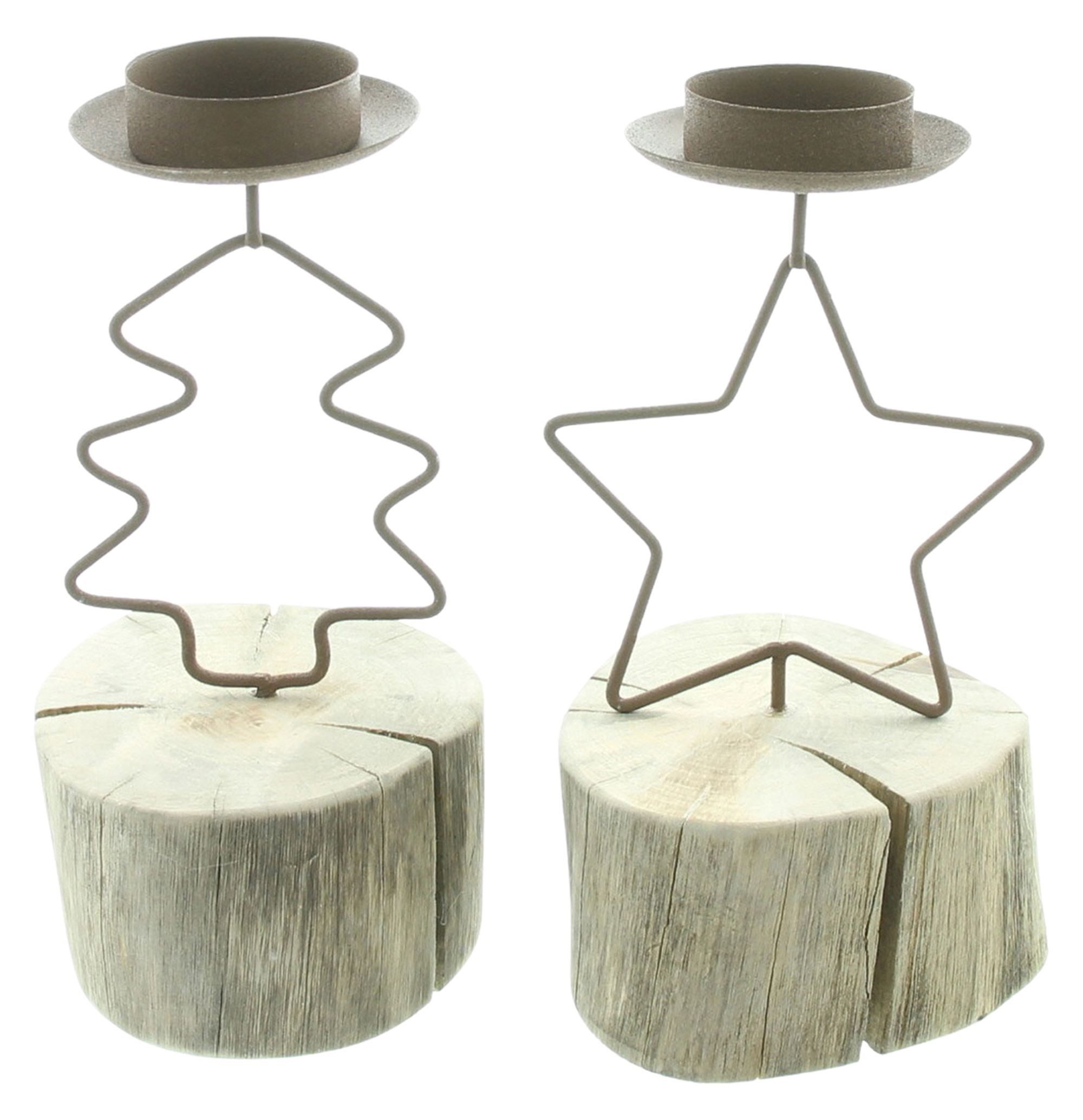 Dekoleidenschaft Teelichthalter "Tanne & Stern" aus Metall & Holz im Shabby Look, rustikale Tischdeko (2 St., im Set), Halter für Teelichter, Teelichtständer, Kerzenständer