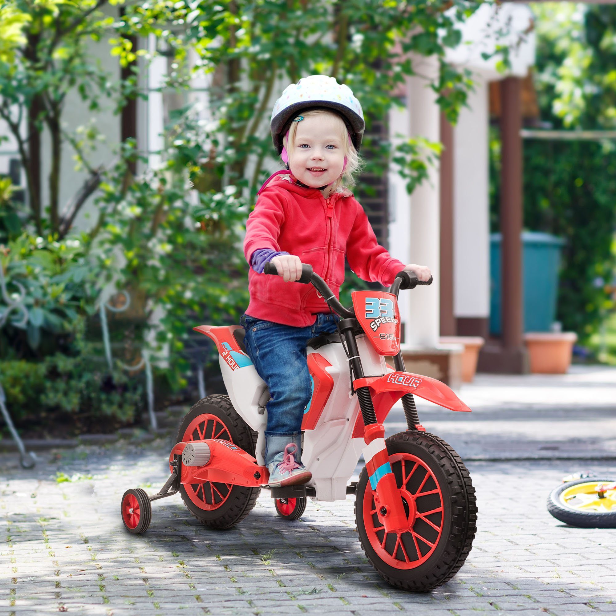 HOMCOM Elektro-Kindermotorrad Elektrofahrzeug mit 2 abnehmbaren Stützrädern für Kinder ab 3 Jahre, Belastbarkeit 30 kg, (1-tlg), inkl. Akku und Ladegerät