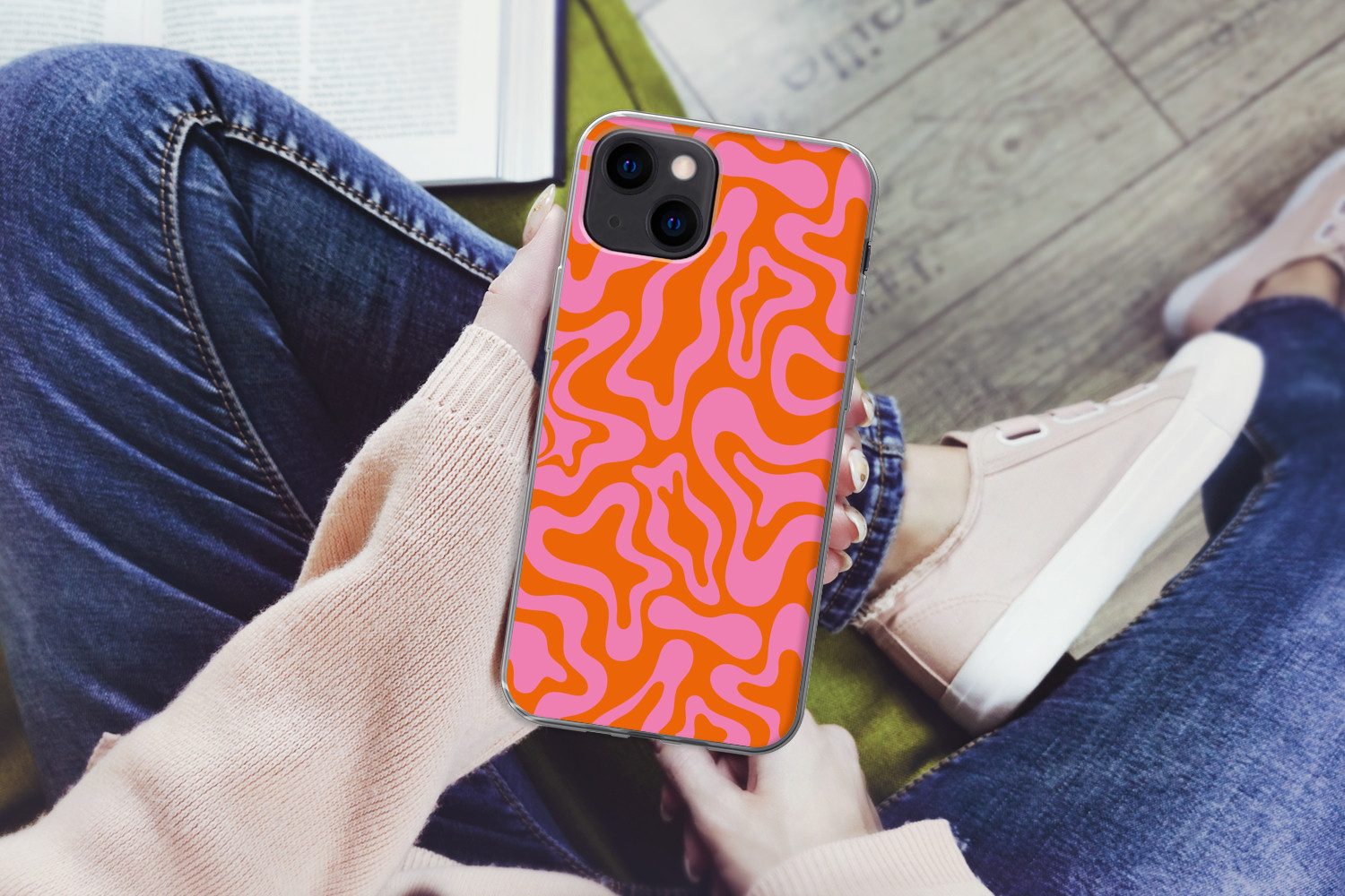 MuchoWow Handyhülle für Apple iPhone 13 Muster - Rosa - Orange - Abstrakt - Modern, Smartphone-Bumper, Print, Handy Schutzhülle Dünn