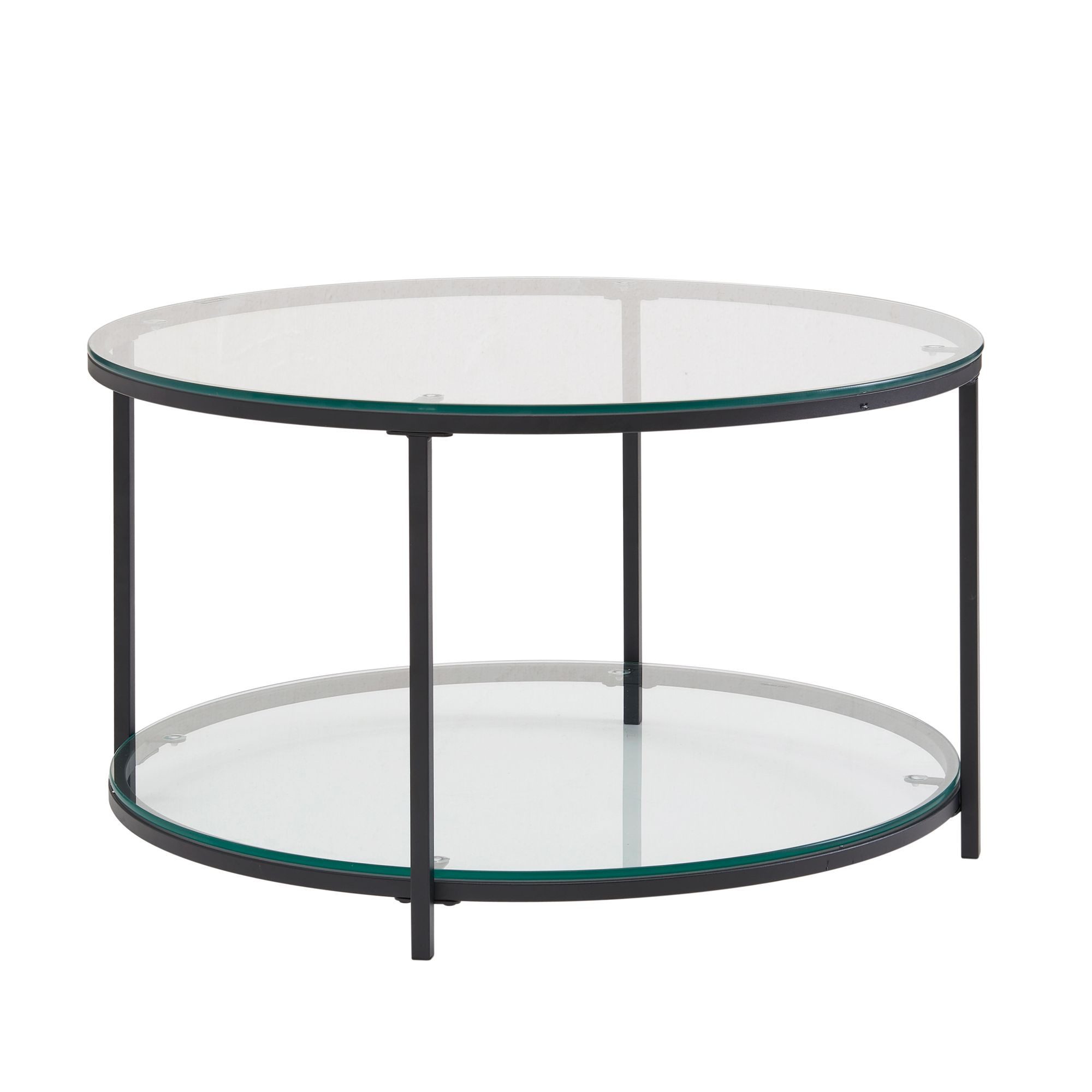 Wohnling Couchtisch WL6.610 Glas Wohnzimmertisch Ø 80 cm Sofatisch Rund Tisch Stauraum (80x80x45 cm Glas Sofatisch Rund Transparent), Wohnzimmertisch Kaffeetisch mit Metall-Gestell