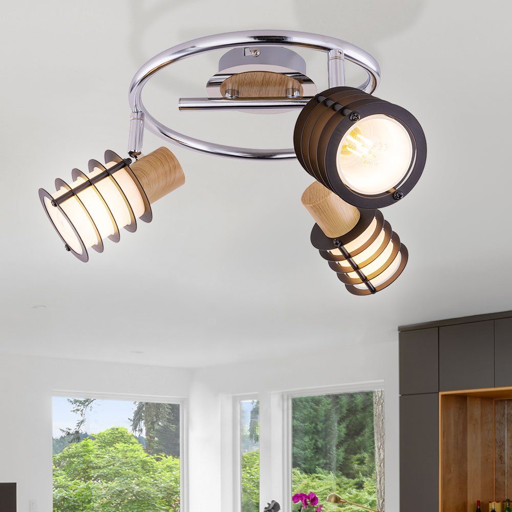 etc-shop LED Deckenleuchte, Leuchtmittel inklusive, Warmweiß, Rondell Decken Strahler Holz Leuchte chrom Glas Spot Lampe-