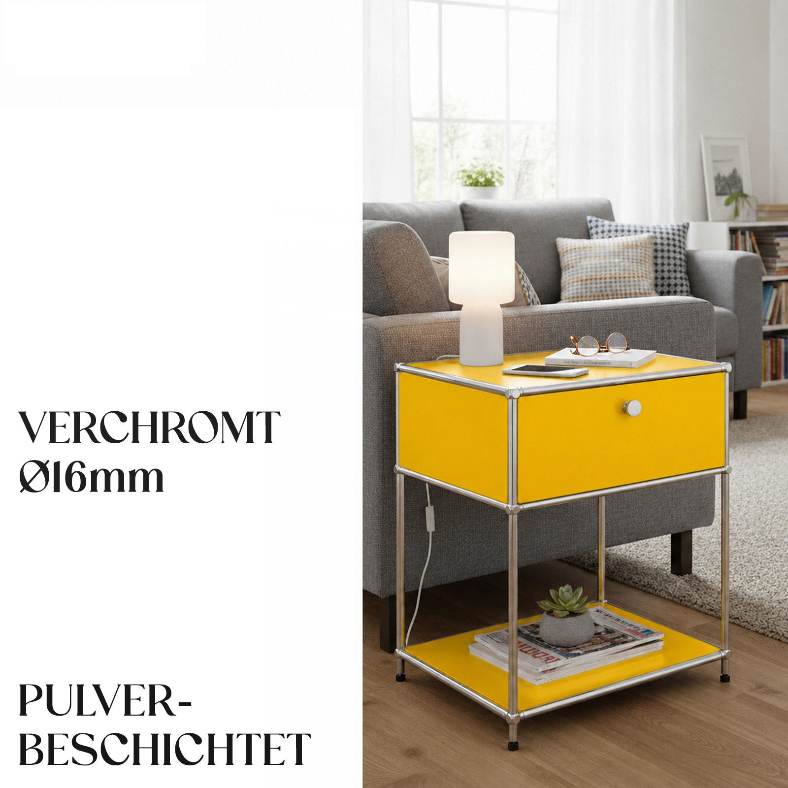 Floordirekt Beistelltisch Concept Epure MK-139, B50 × T40 × H65 cm, verschließbare Schublade (modular, kratzfeste Pulverbeschichtung), Beistellregal mit verchro – Bild 4 von 5