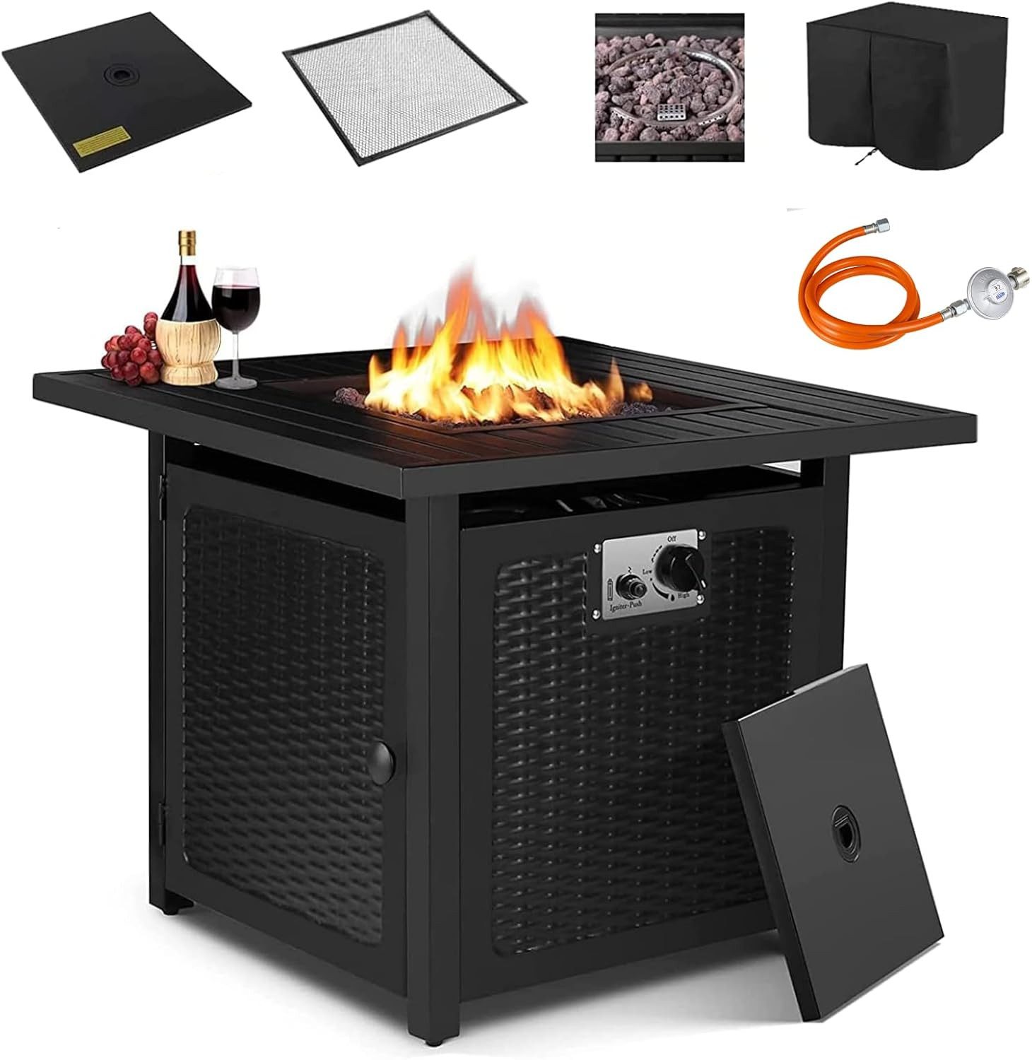 TLGREEN Feuerstelle 72.5*72.5*67.5 cm, Gas Feuerstelle, (Feuerstelle inkl. Wasserfeste Schutzhülle, Lavasteinen, Tischplatte & Funkenschutz), 28 Zoll Gaskamin Outdoor, Automatische Zündung,Esstisch & Heizung