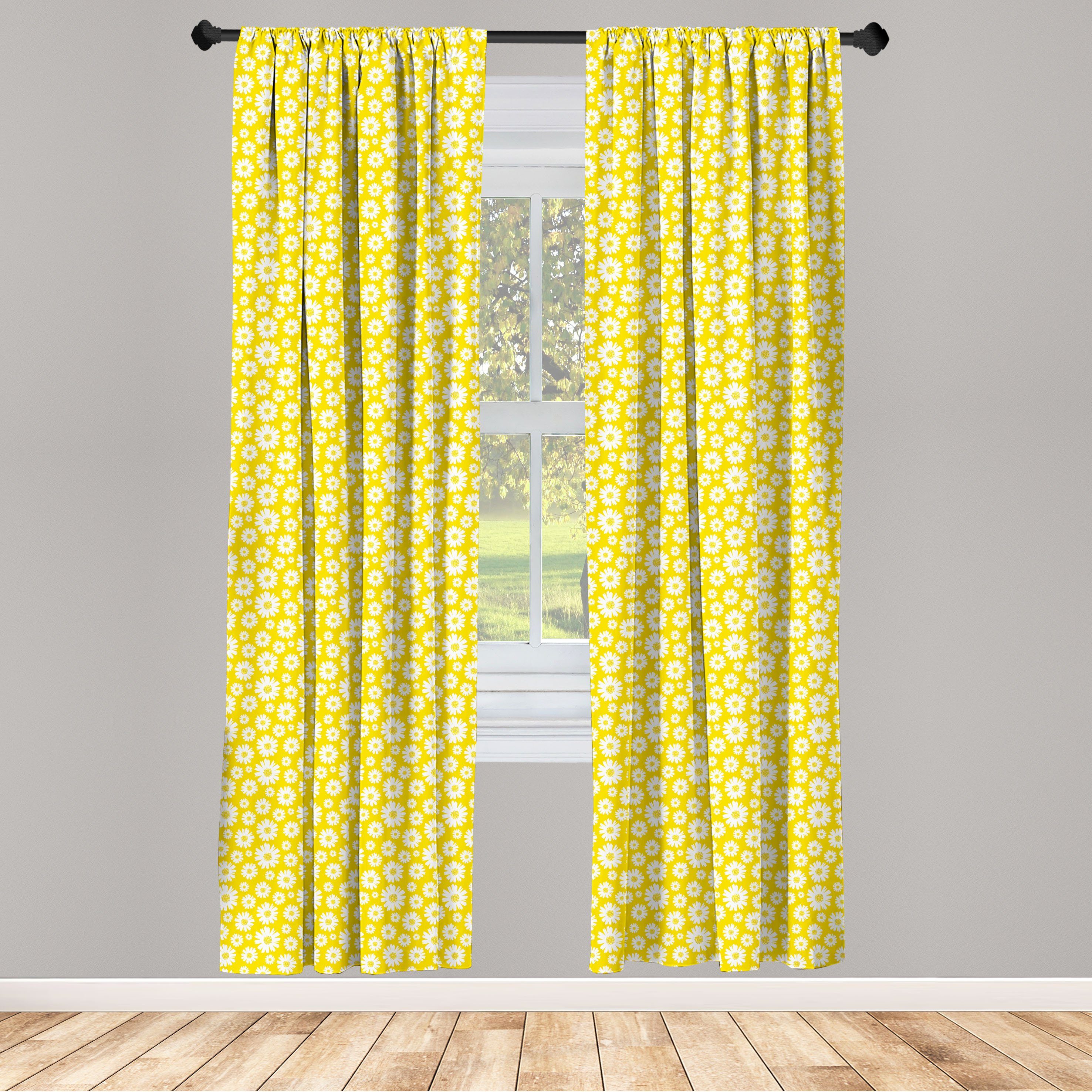 Gardine Vorhang für Wohnzimmer Schlafzimmer Dekor, Abakuhaus, Microfaser, Frühling Daisy Romance auf Gelb Kunst