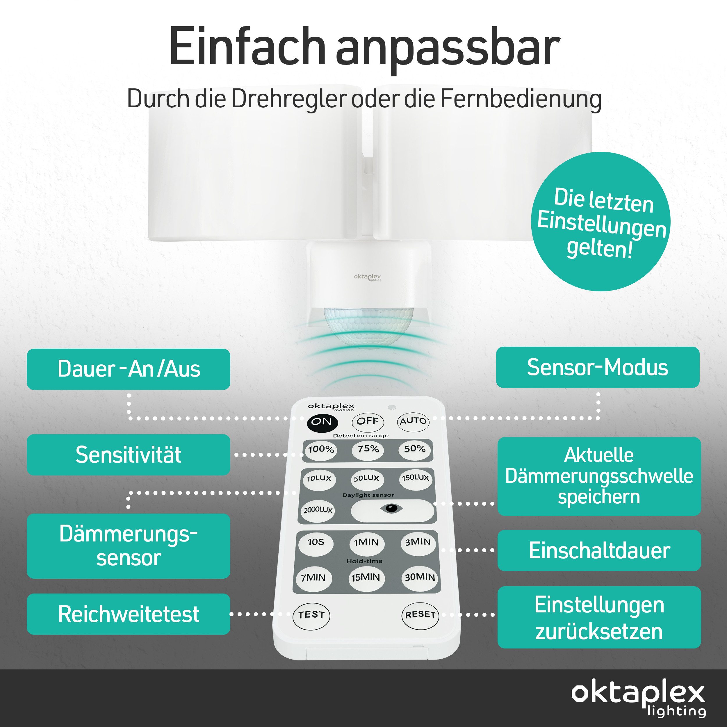 Oktaplex lighting LED Außen-Wandleuchte Cali Dos Außenstrahler mit Bewegungsmelder 8m / 240 Grad IP65, PIR-Sensor, dreh- und schwenkbar, inklusive Leuchtmittel, – Bild 5 von 5