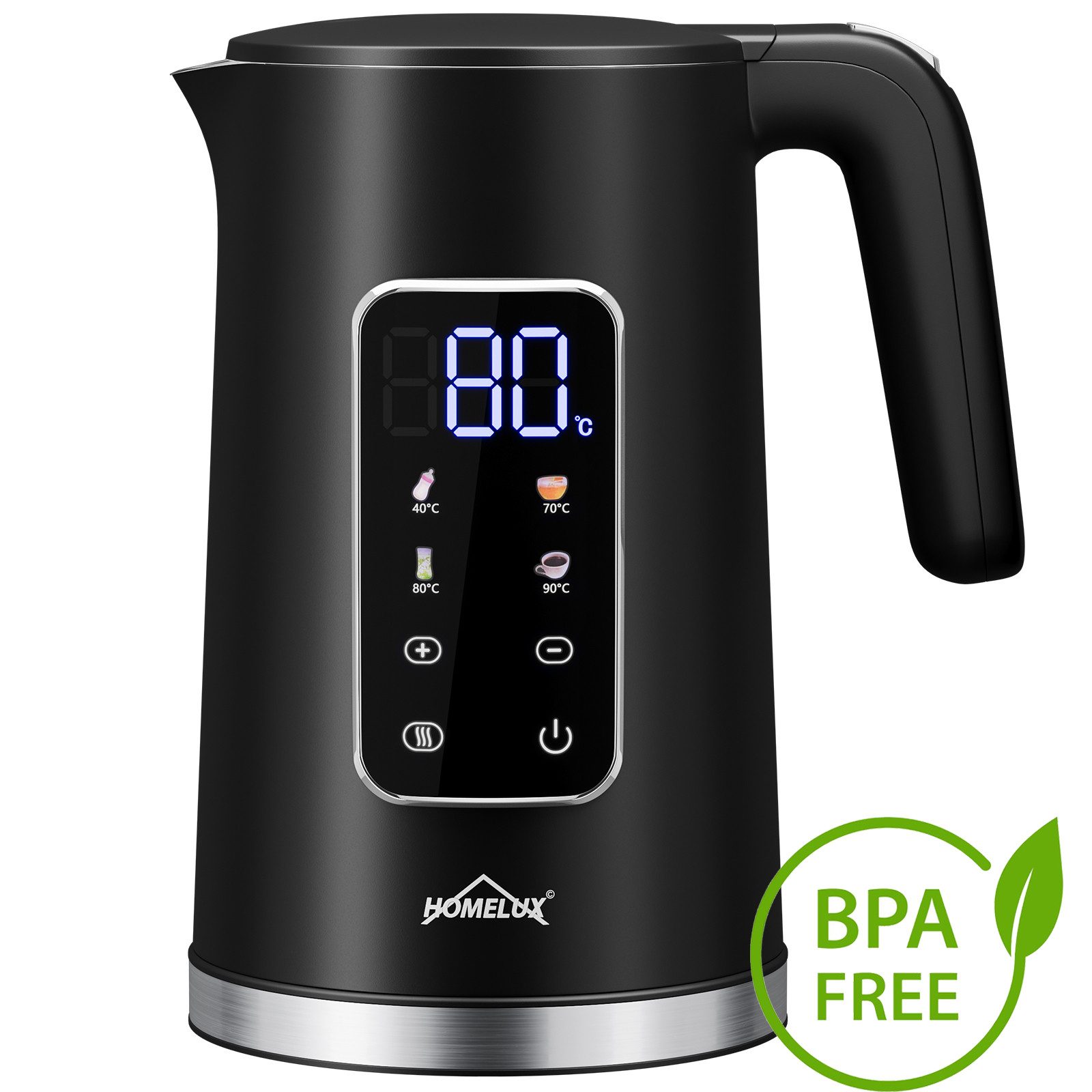 HOMELUX Wasserkocher Edelstahl 1.7L Temperatureinstellung Warmhaltefunktion, Doppelwand, 1.7 l, 2200 W, Großes Display mit Temperaturvorwahl 2Std Isolierung BPA-Frei