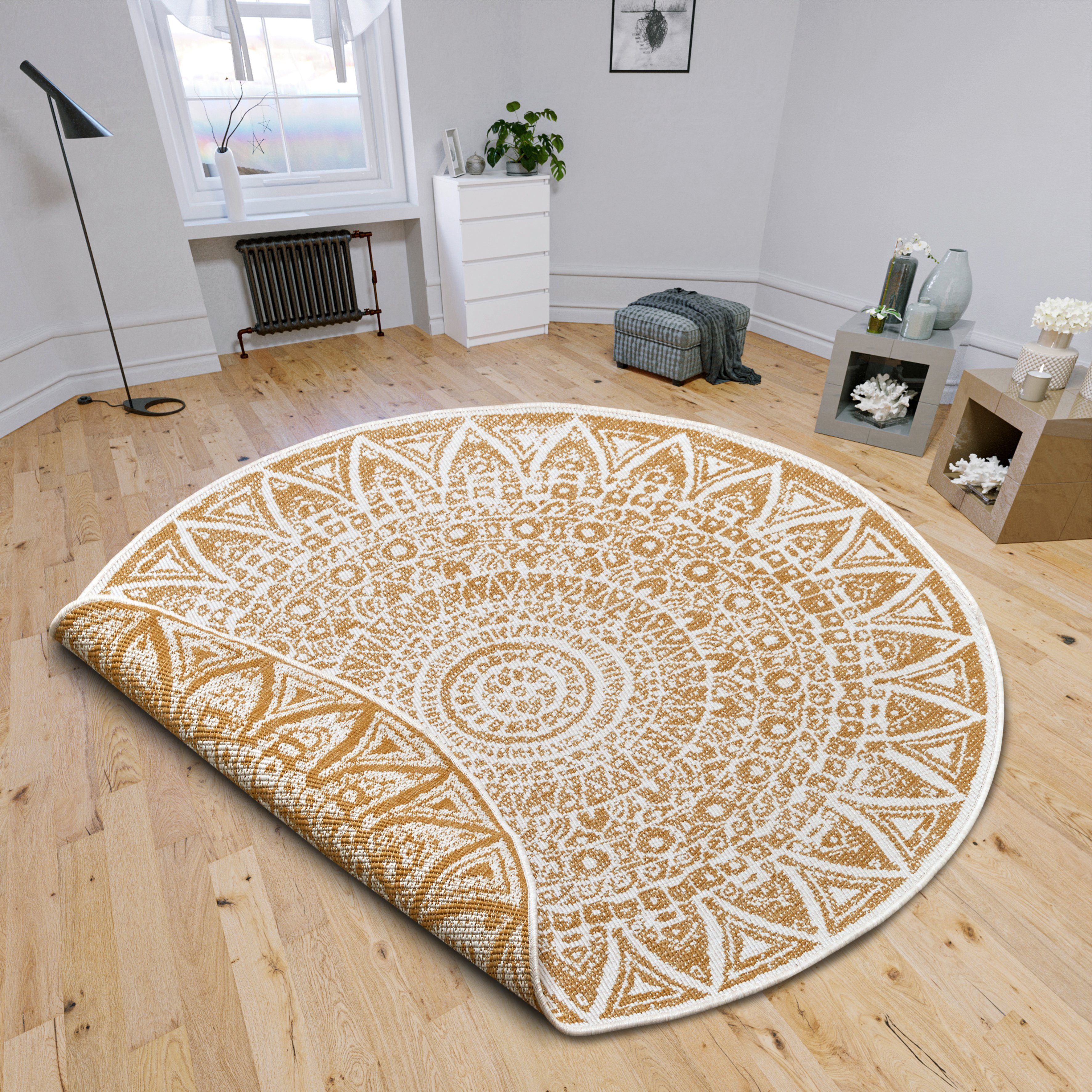 Teppich Lilja, freundin Home Collection, rund, Höhe: 5 mm, In-und Outdoor  geeignet, Mandala, Pflegeleicht, Flachgewebe, Wendbar