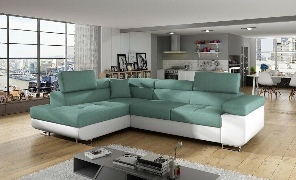 JVmoebel Ecksofa Eck Stoff Ecksofa L-Form Sofa Couch Design Couch, Made in Europe Blau/Weiß
