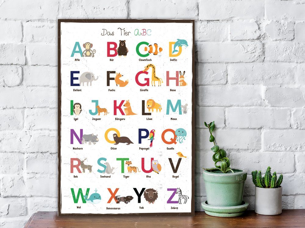 ABC - im GRAVURZEILE lernen Das Spruch Geschenk Buchstaben & für Einschulung Kinderzimmer, - Holzbild Jungen - zur Mädchen mit Tier