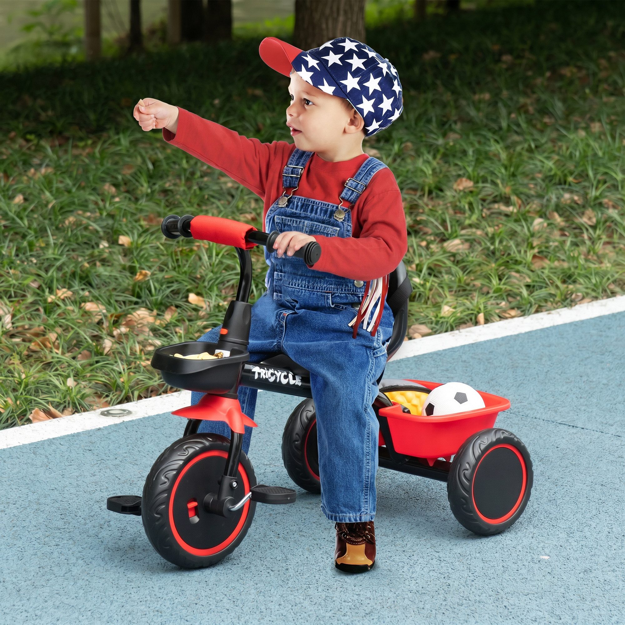AIYAPLAY Dreirad Kinderdreirad Kinderfahrrad mit Beckengurt Pedalen, Fahrradkorb, Rot+ Schwarz
