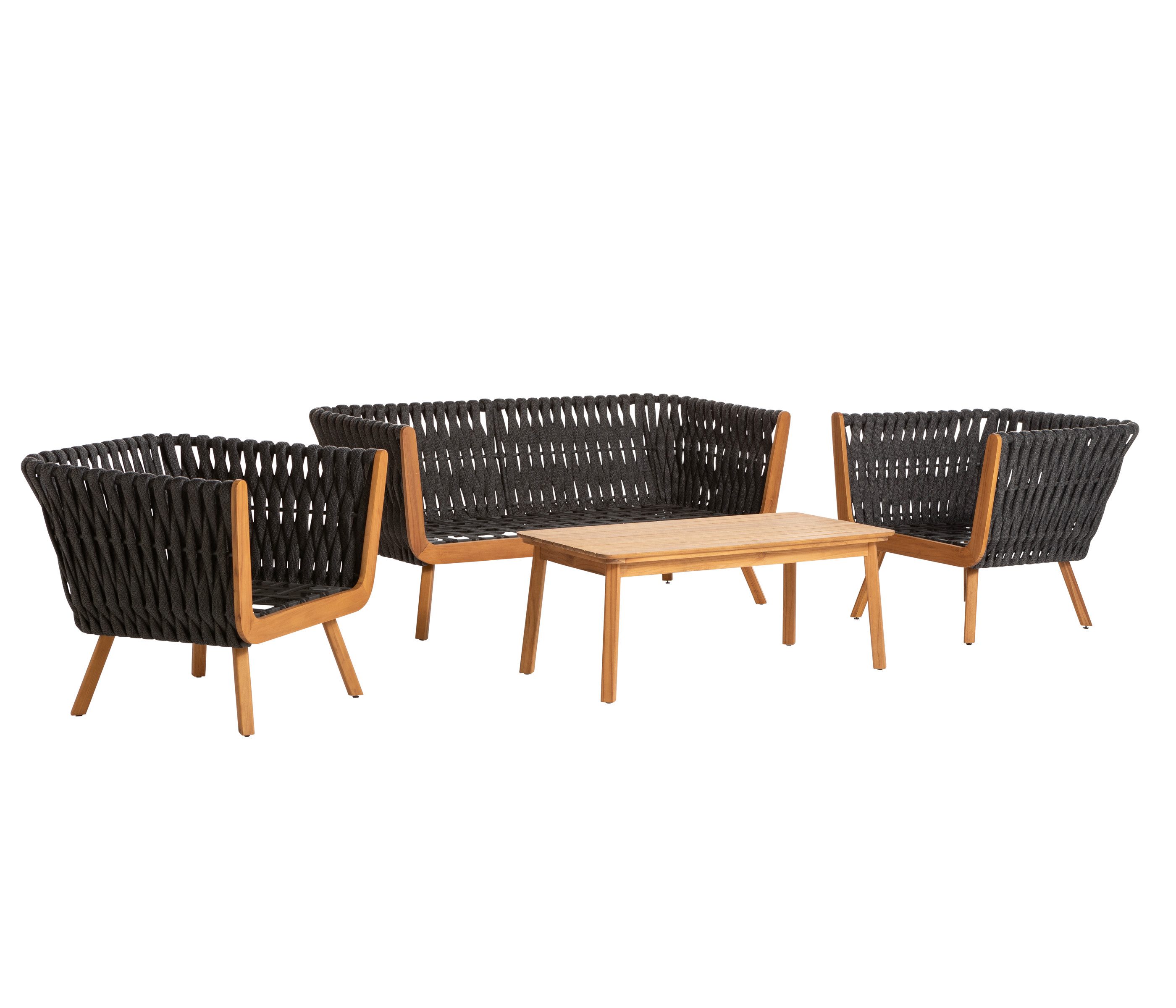 Dehner Balkonset Granada, 4-teilige Sitzgruppe, 1x Sofa / 2x Sessel / 1x Tisch, moderne Sitzgruppe aus FSC® zertifiziertem Teakholz