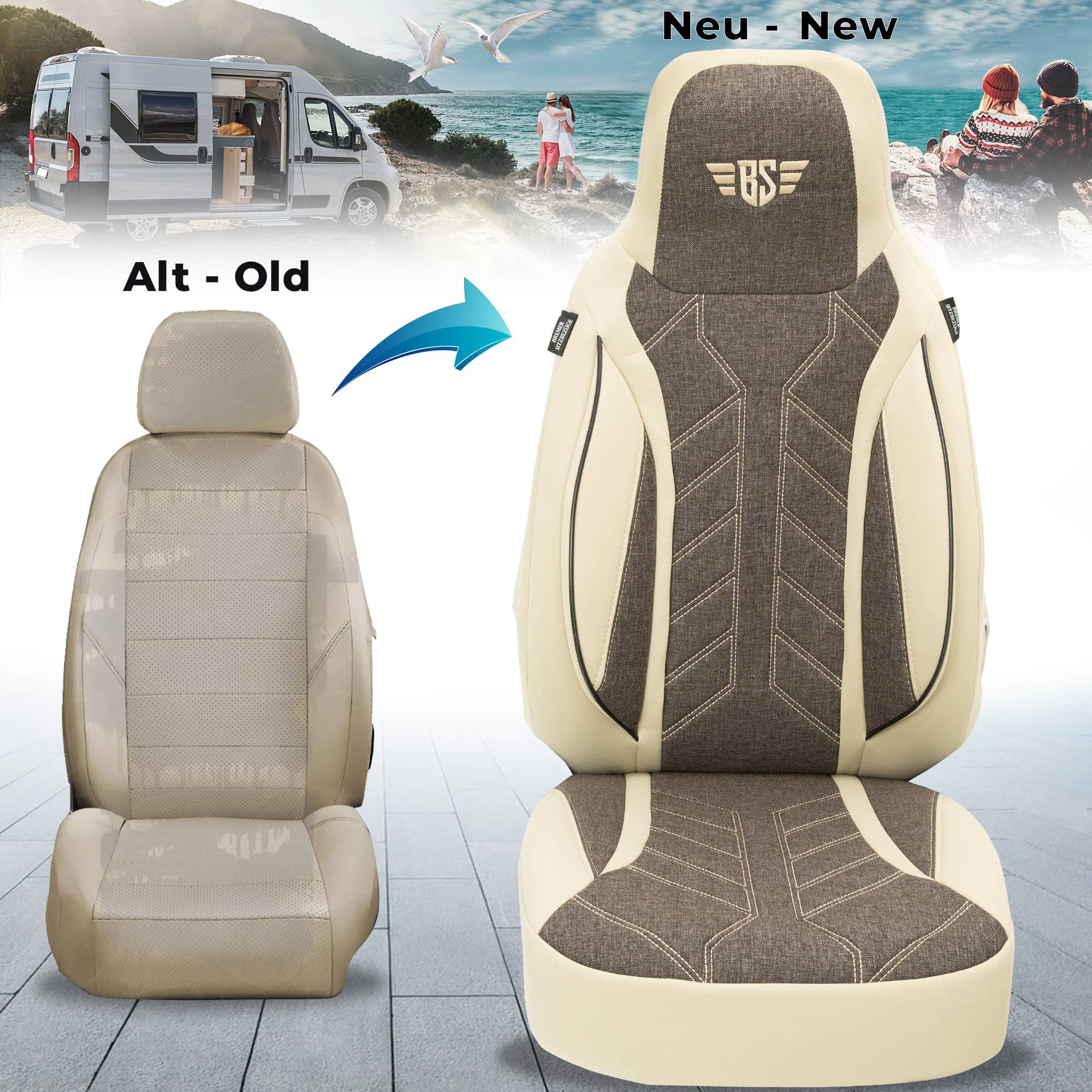 BREMER SITZBEZÜGE Autositzbezug für Chausson Twist Van V594 MAX (PLKT211), Set, 2-tlg., Schonbezüge Sitzbezüge Fahrer und Beifahrer, in Beige/Braun