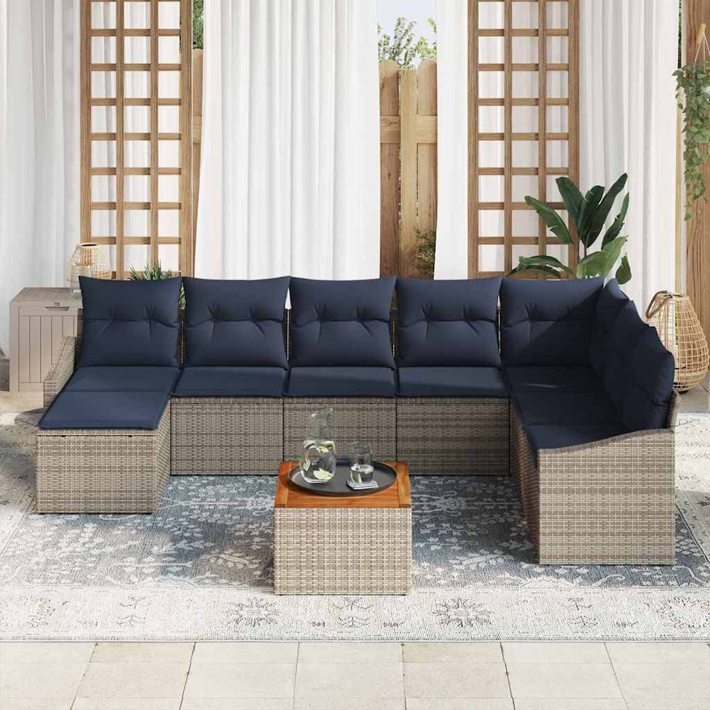 vidaXL Gartenlounge-Set Gartensofa-set 9 pcs Grau und Marineblau Poly-Rattan, (9-tlg)