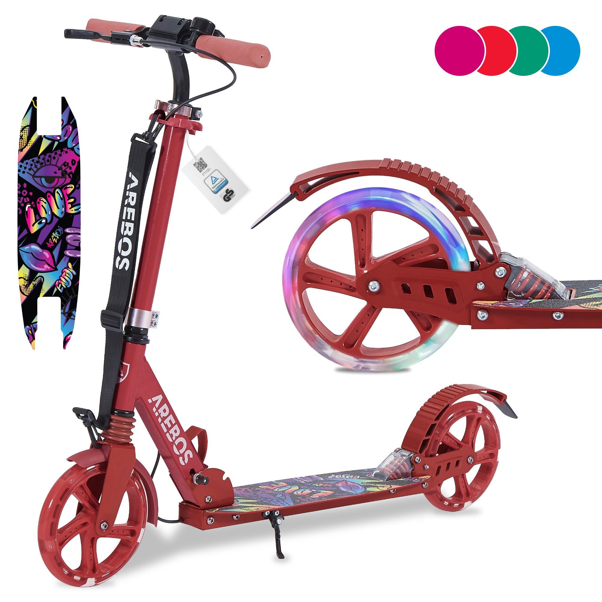 Arebos Tretroller LED-Reifen, faltbar, höhenverstellbar, inkl.Klinge l& Bremsen 100 kg, LED-Reifen: Leuchten während der Fahrt, für mehr Sichtbarkeit und Spaß