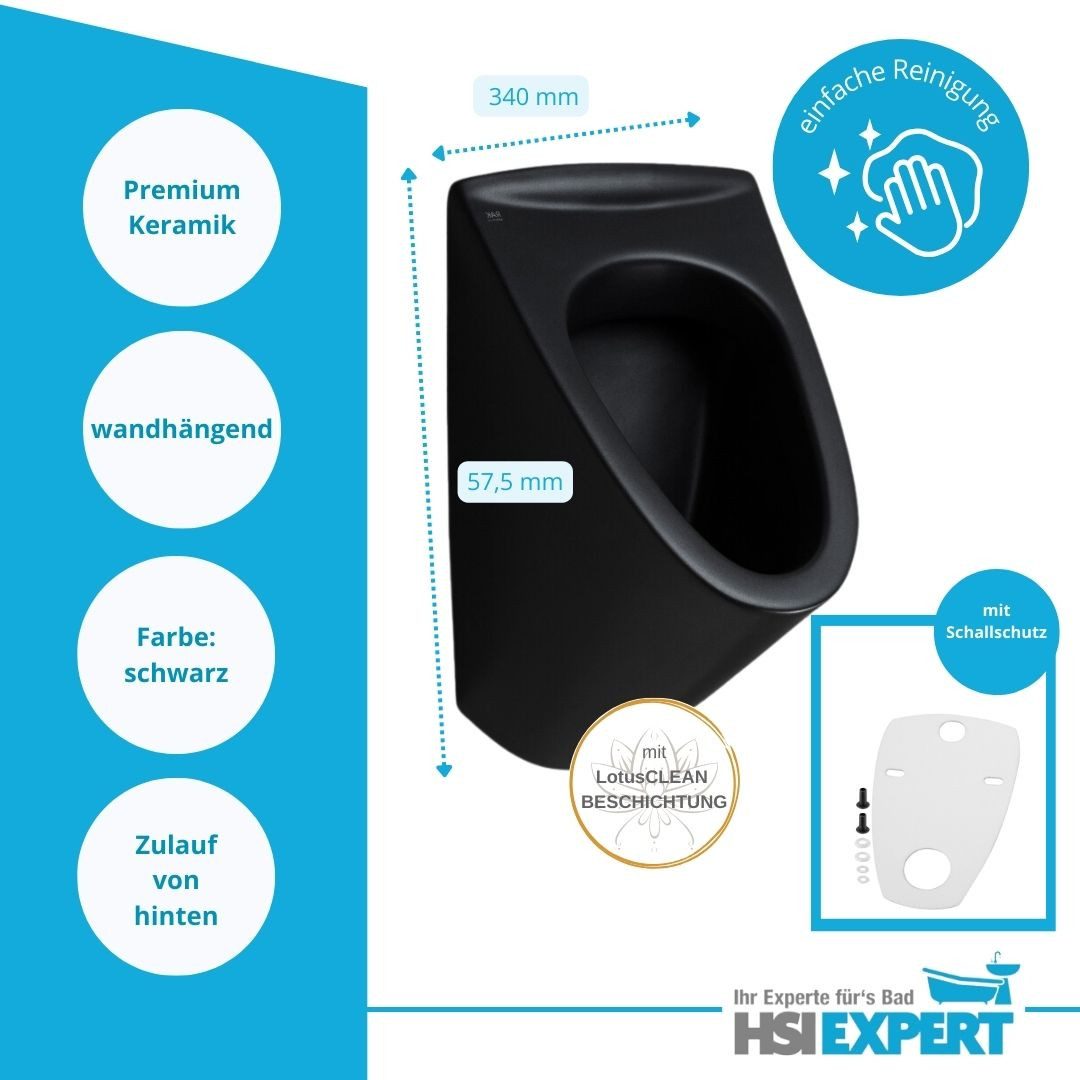 HGMBAD Urinal Urinal Onyx schwarz matt Zulauf von hinten Siphon, Keramik, Wasserspülung, Abgang hinten, (Komplettset, LotusClean-Beschichtung)
