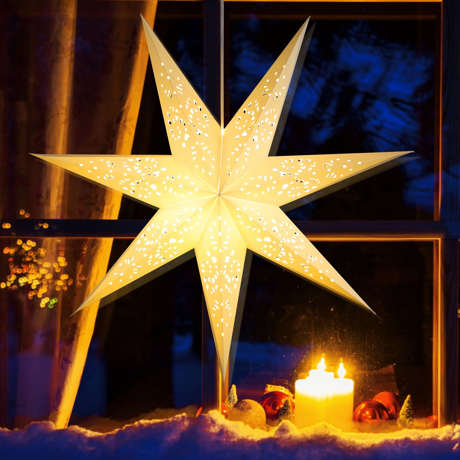 Elegear LED Stern LED Dekolicht 70CM Weihnachtsstern Papierstern, Fensterbilder, LED fest integriert, Warmweiß, hohlgeschnitzt, Warmweißes hängender LED Stern | Beleuchtete Weihnachtssterne