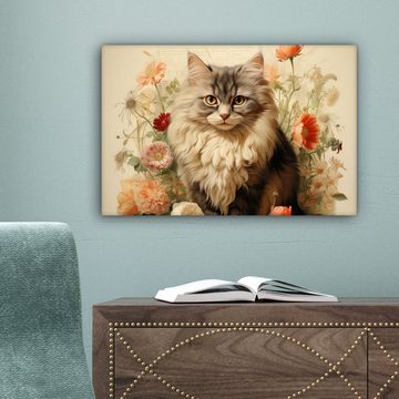 OneMillionCanvasses® Leinwandbild Vintage - Katze - Blumen - Weiß - Natur - Tiere, (1 St), Wandbild Leinwandbilder, Aufhängefertig, Wanddeko, 30x20 cm