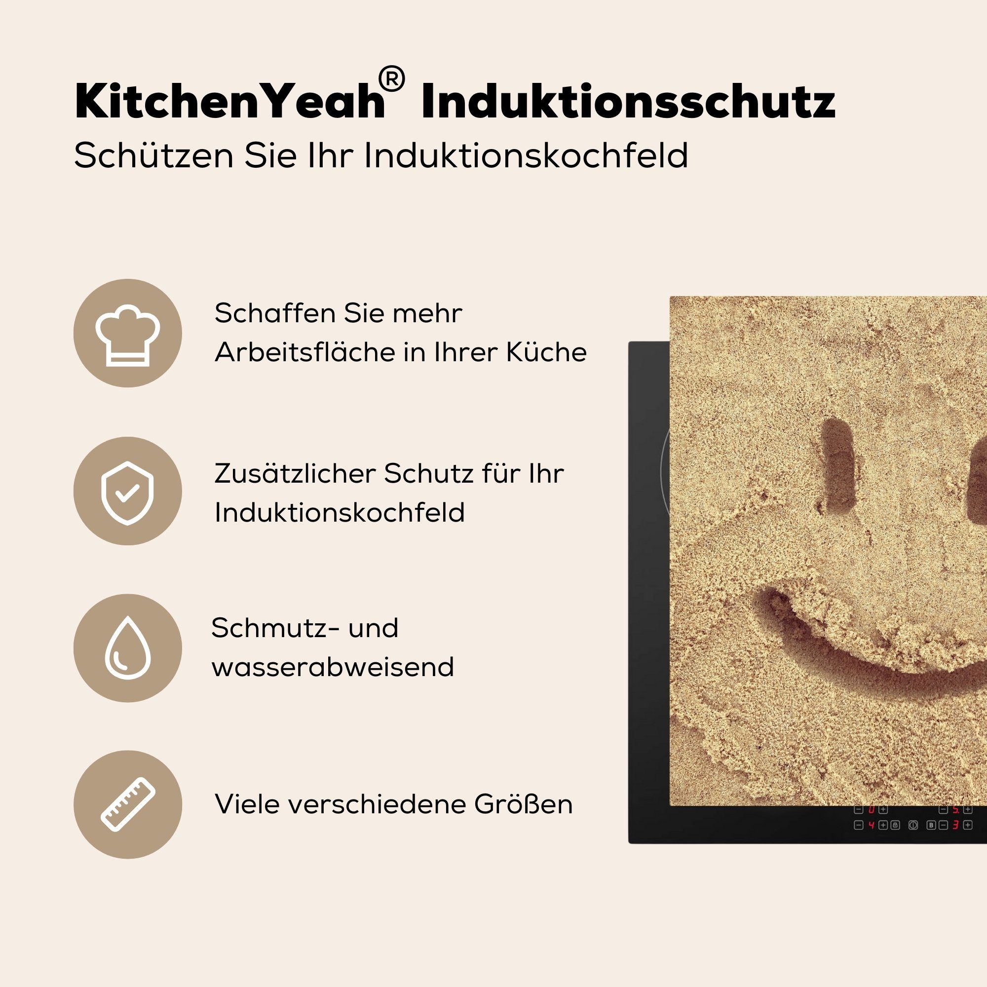 im MuchoWow Herdblende-/Abdeckplatte Sand, küche Ceranfeldabdeckung, 78x78 cm, für Arbeitsplatte (1 Vinyl, tlg), Smiley