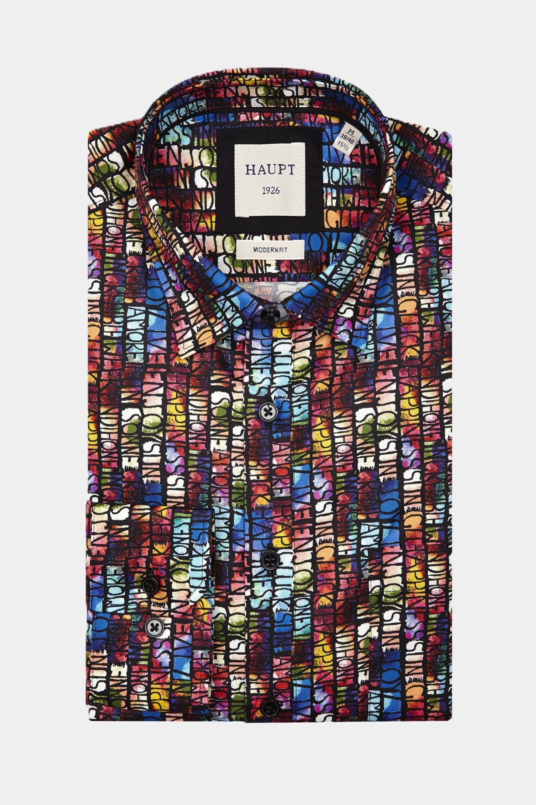 Haupt Langarmhemd Haupt Popelin Modern Fit Langarm Herrenhemd mit Multicolor Schrift