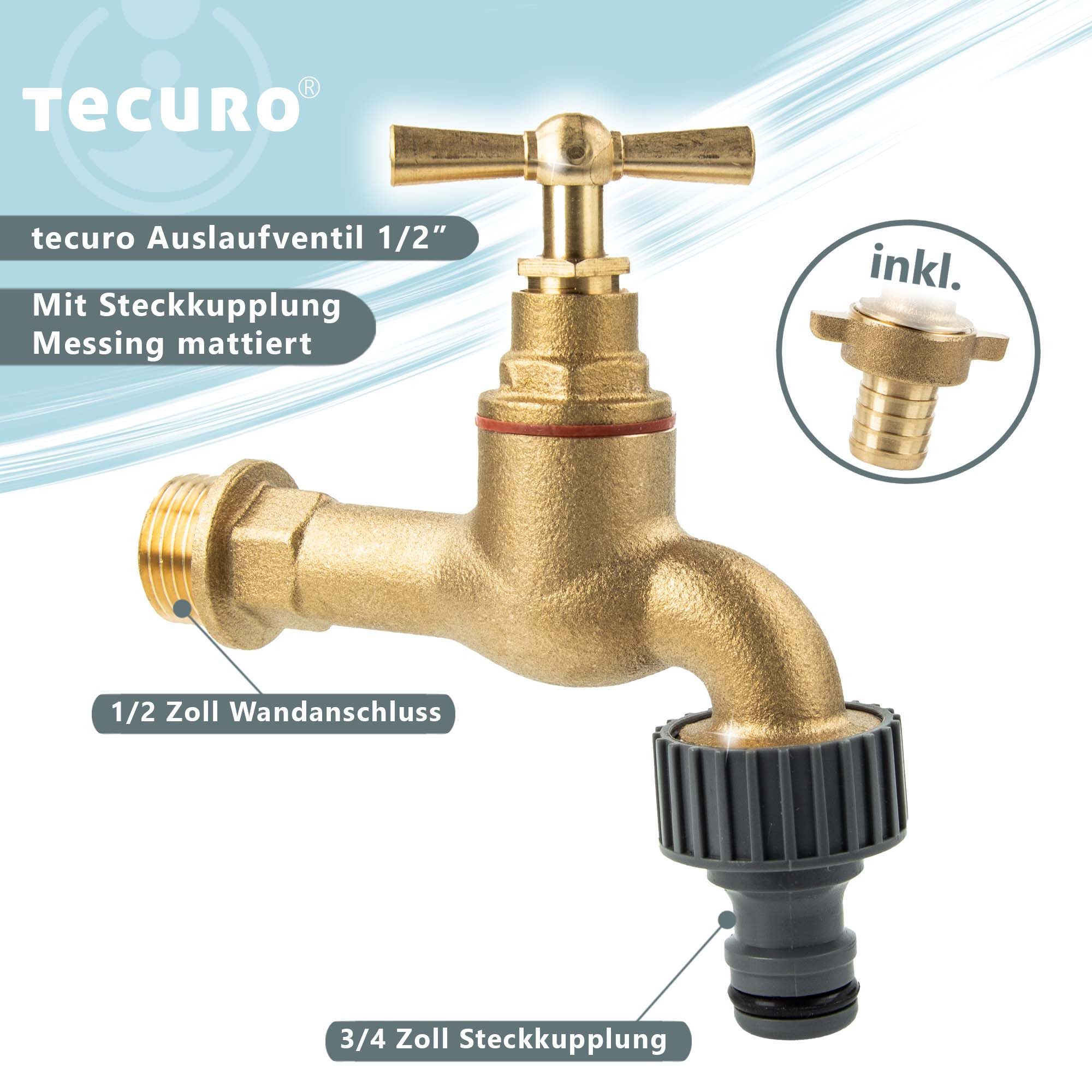 tecuro Auslaufventil Garten Auslaufventil mit Knebeloberteil 1/2 Zoll - Messing mattiert