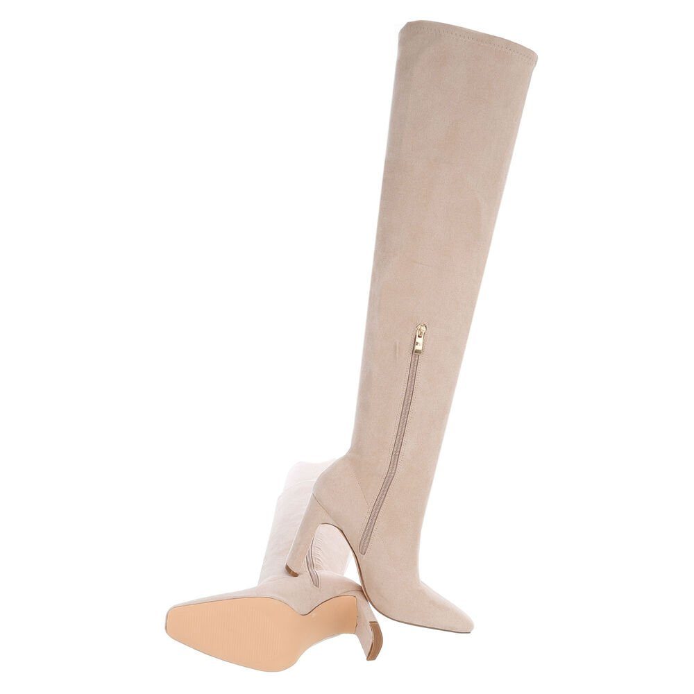Ital-Design Damen Abendschuhe Party & Clubwear Overkneestiefel Blockabsatz High-Heel Stiefel in Beige