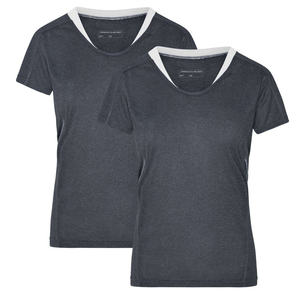James & Nicholson Laufshirt Doppelpack Damen Kurzarm Laufshirt Running T-Shirt JN471 (Doppelpack, 2 Stück) Atmungsaktiv und Feuchtigkeitsregulierend black-melange/white