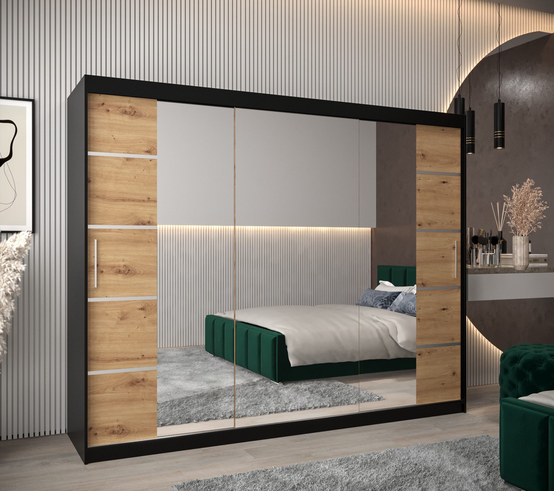 ABIKS MÖBEL Schwebetürenschrank Verona 4 Schlafzimmerschrank, mit Spiegel, Kleiderstange und Regalen