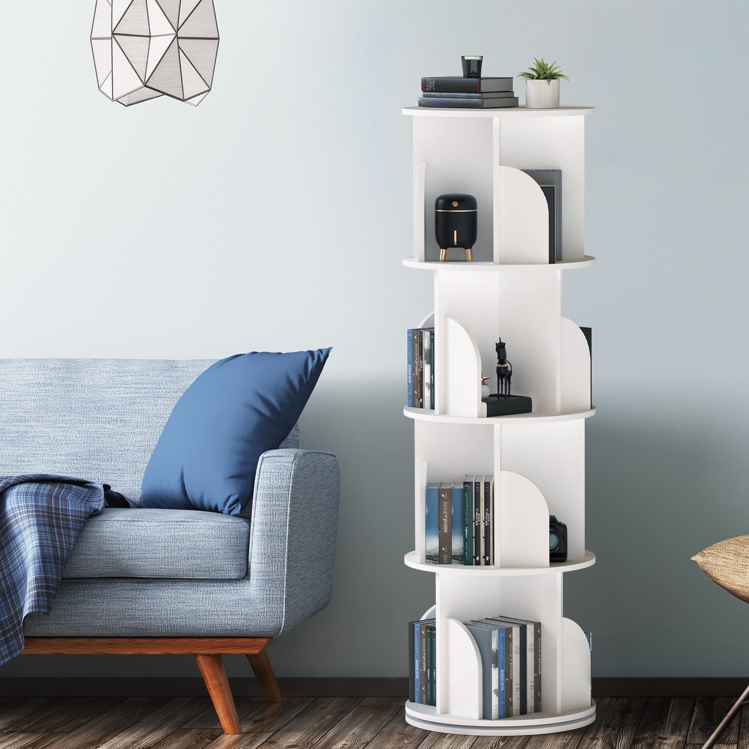 oyajia Bücherregal Drehbare Bücherregal, 4 Etagen Stehregale Lagerregal mit Fächern, Bücherregal, offenes Aufbewahrungsregal, 40 x 40 x 128 cm, drehbar, 4 Ebenen 16 Fächer