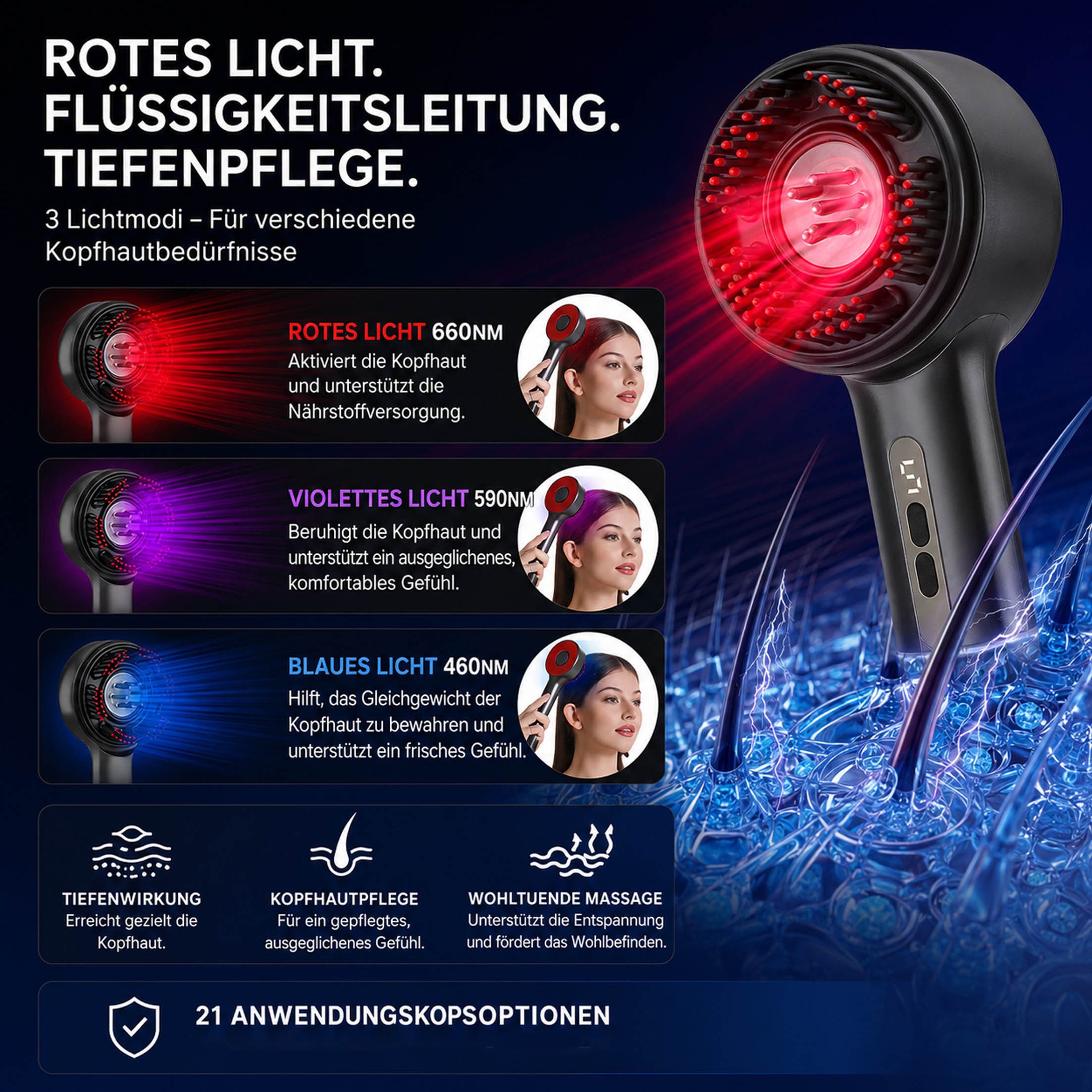 KINSI Massagegerät 2-in-1 Kopfhaut Massagebürste, Elektrisches Kopfmassagegerät, Mit Rotlicht, Blaulicht, Violettlicht, 5 Massageprogramme