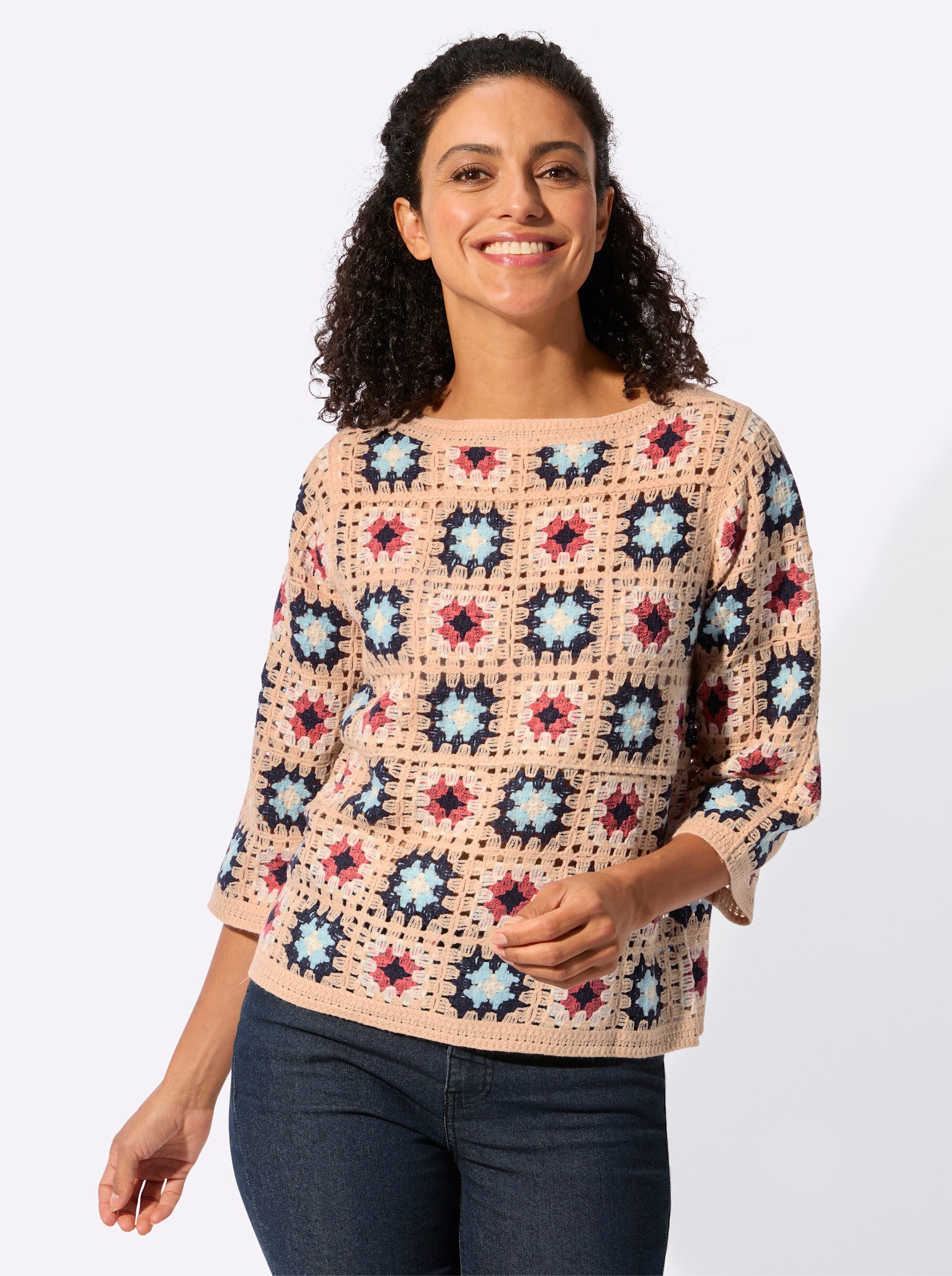 Witt Strickpullover Pullover 3/4-Arm Mustermix gestrickt, Häkeloptik