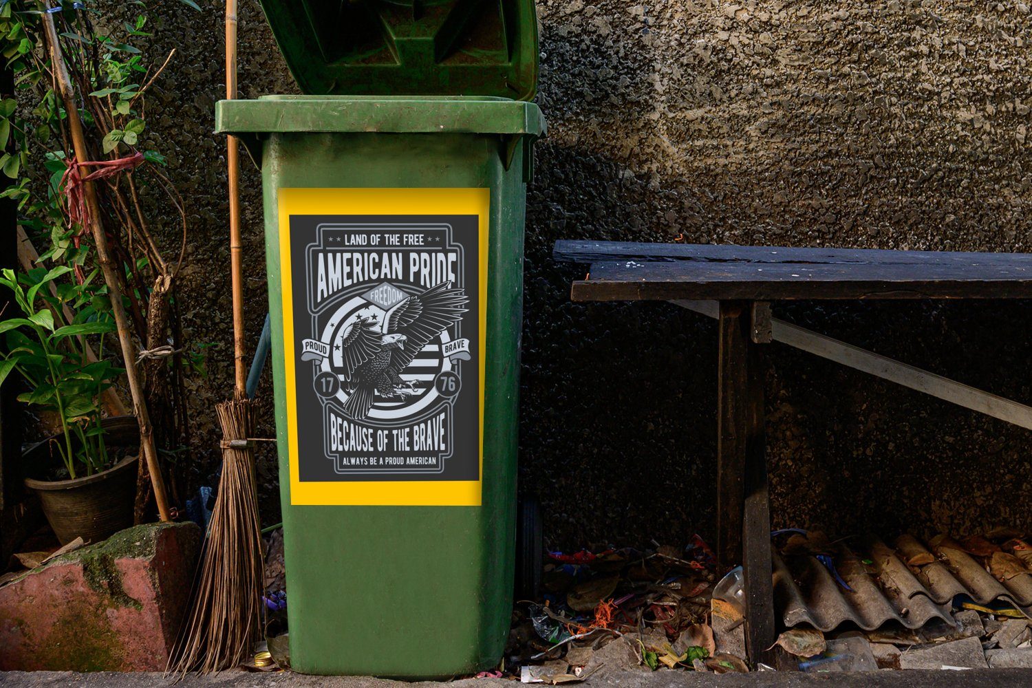Container, - Sticker, Abfalbehälter - Mülleimer-aufkleber, MuchoWow Amerika - Wandsticker Gelb Vintage (1 St), Mülltonne, Grau