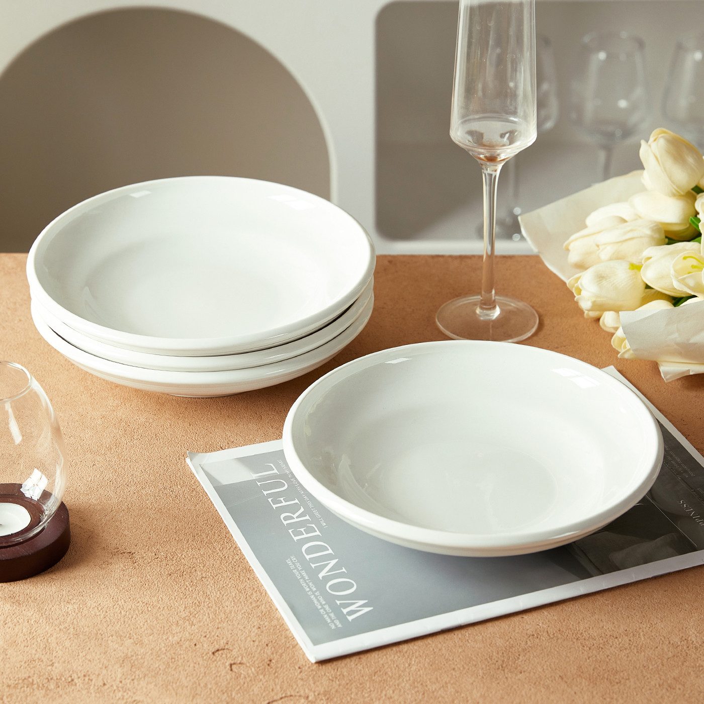 JIWOO Suppenteller 4er Ø22cm, Speiseteller Pastateller Salatteller Dessertteller Plate, (4 St), Keramik Tellerset Weiß mikrowellen- und spülmaschinenfest Ø21,2 cm