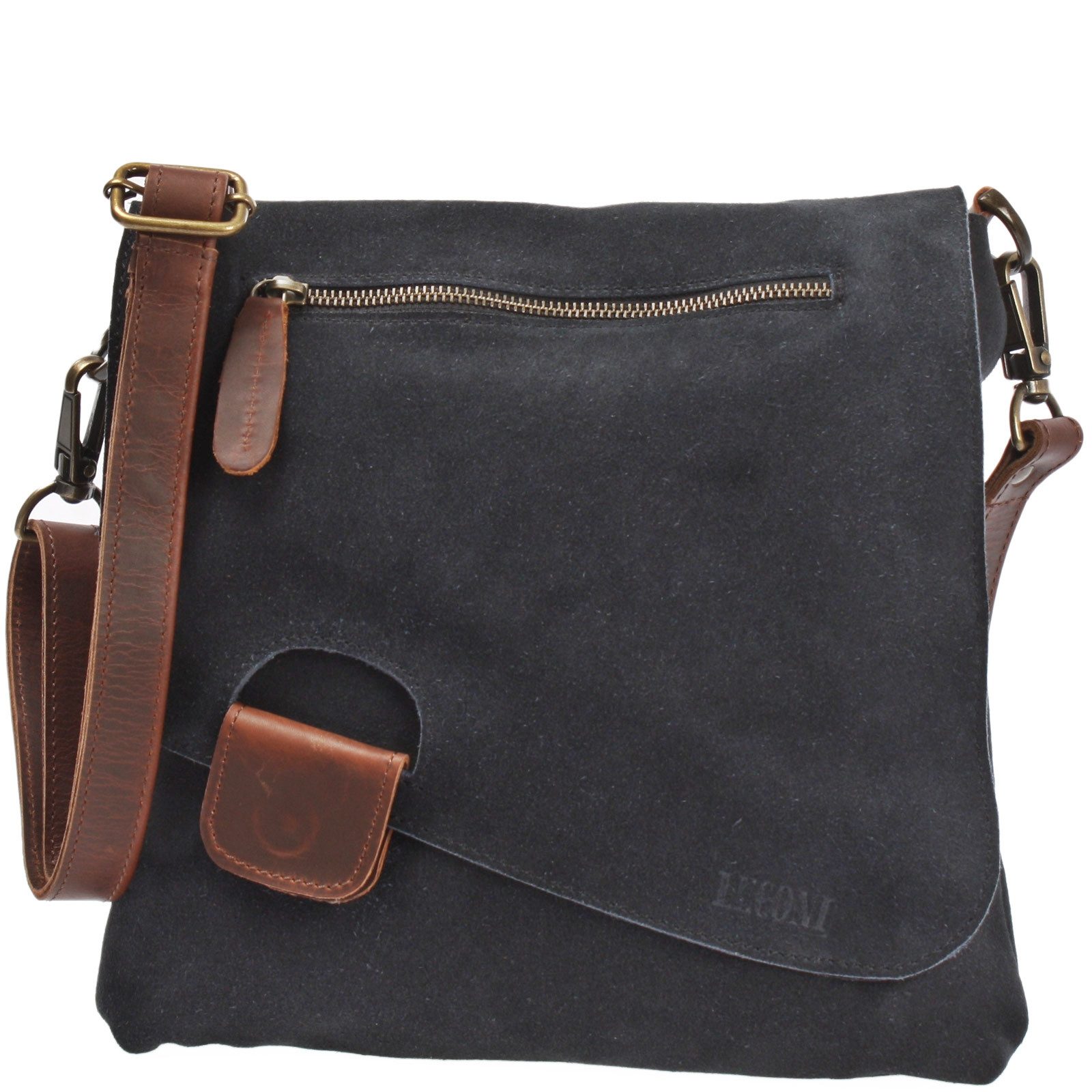 LECONI Umhängetasche Handtasche Ledertasche Damen Schultertasche Echt Wild-Leder LE3027, Überschlag & Reißverschluss – viele Fächer & Farben – 29 × 29 × 6 cm