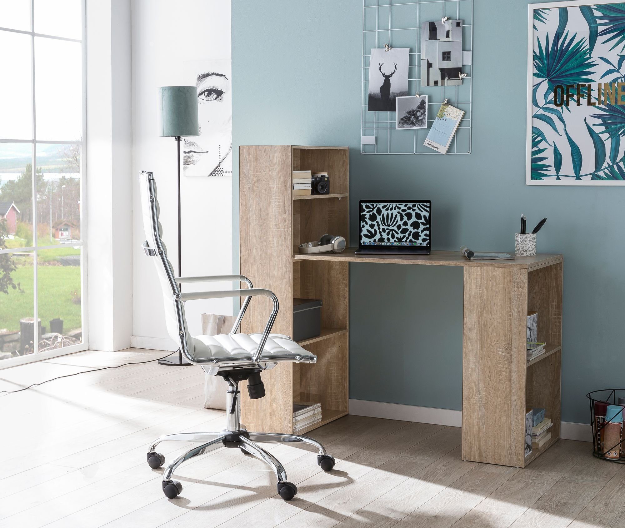 Sonoma cm Modern), Bürotisch (mit Computertisch 53 120 x Rechteckig Stauraum, Holz Regal WL5.693 Schreibtisch x 120 Wohnling mit