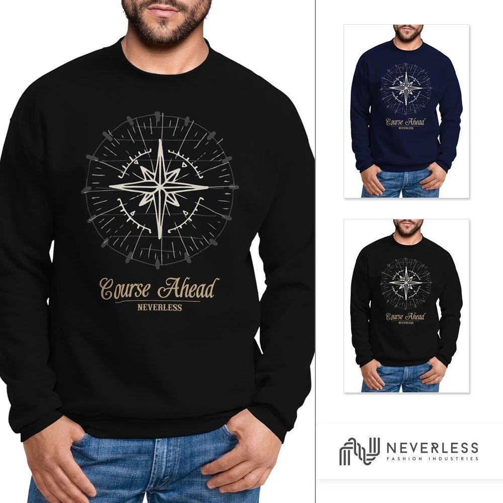 Navigator Herren Sweatshirt Pullover Sweatshirt Kompass Neverless® Rundhalspullover Windrose Segeln schwarz Neverless