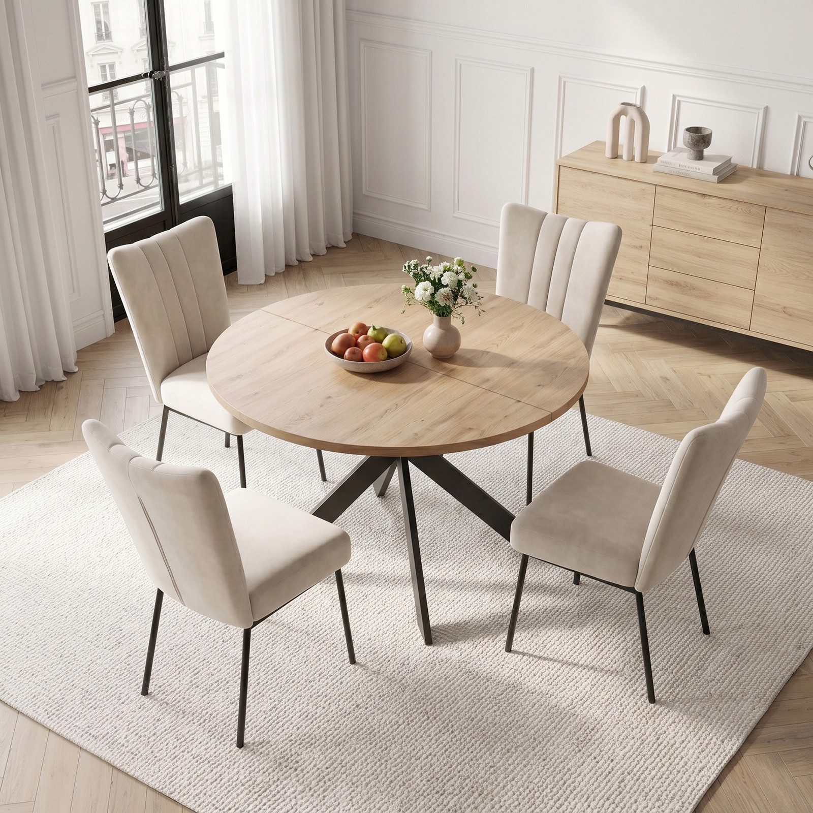Jiexi Essgruppe Essgruppe Runder Tisch Ø 115cm Eiche Sternfuß & Samt Stühle – Bild 2 von 5
